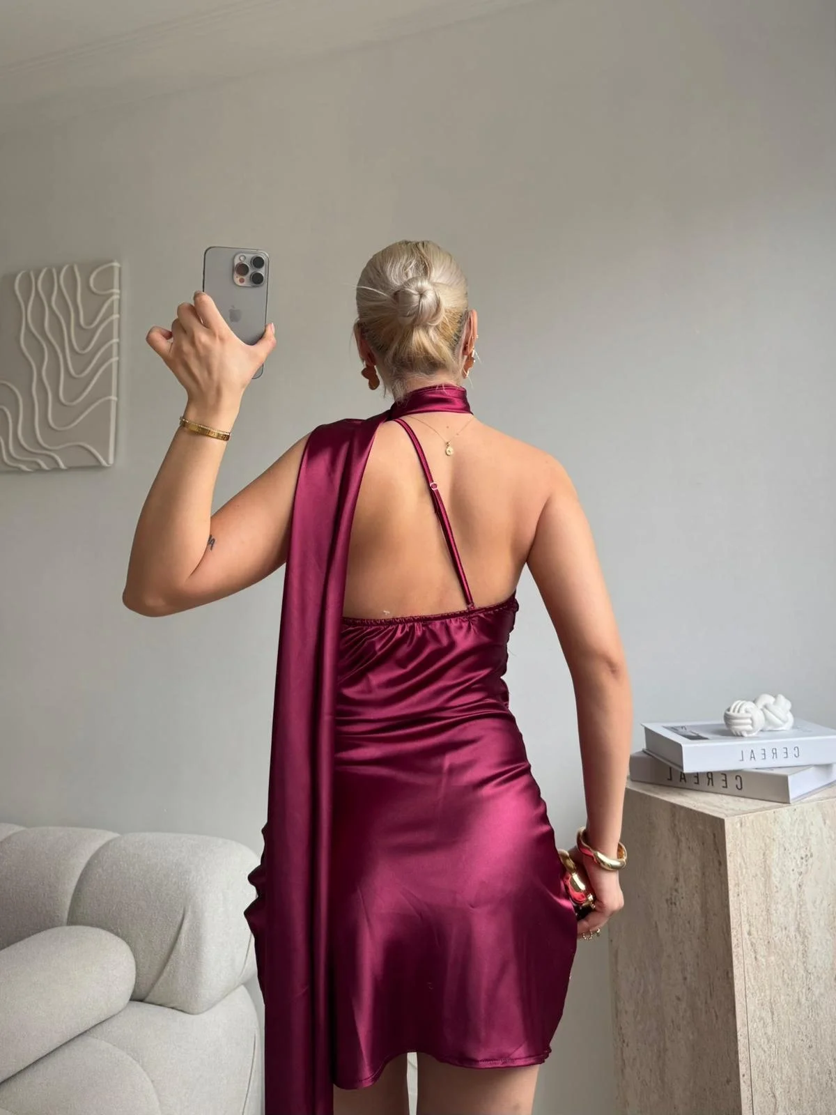 Boyundan Bağlamalı Saten Mini Elbise - BORDO