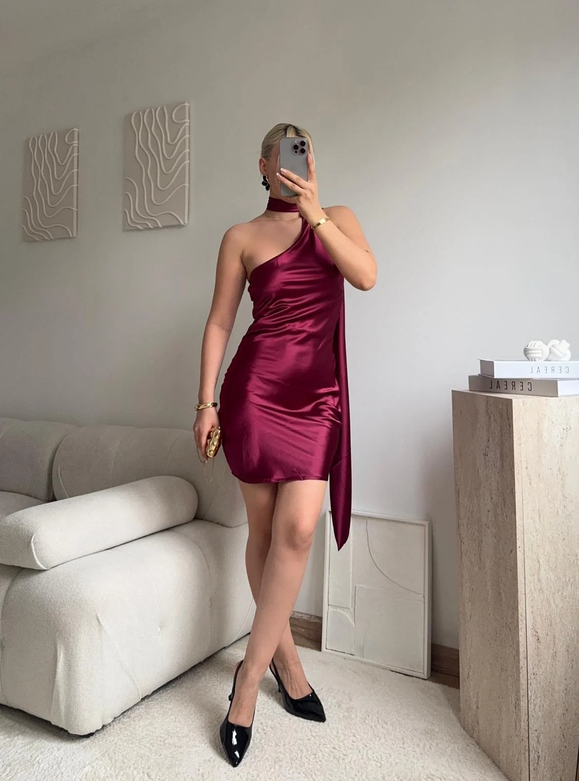 Boyundan Bağlamalı Saten Mini Elbise - BORDO