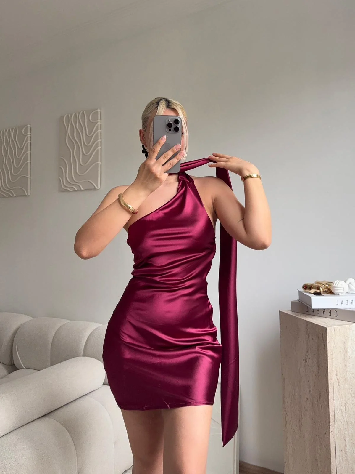 Boyundan Bağlamalı Saten Mini Elbise - BORDO