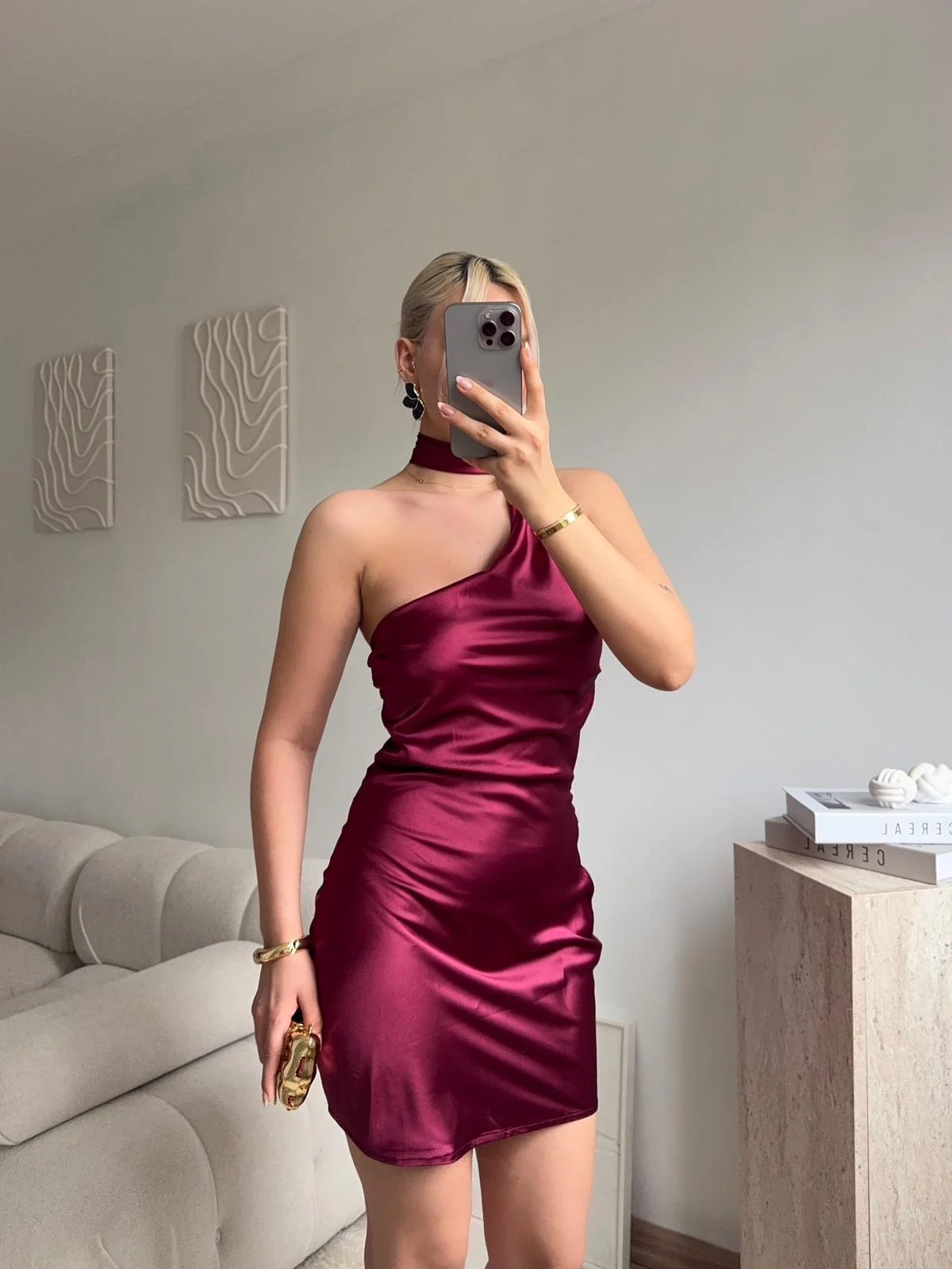 Boyundan Bağlamalı Saten Mini Elbise - BORDO