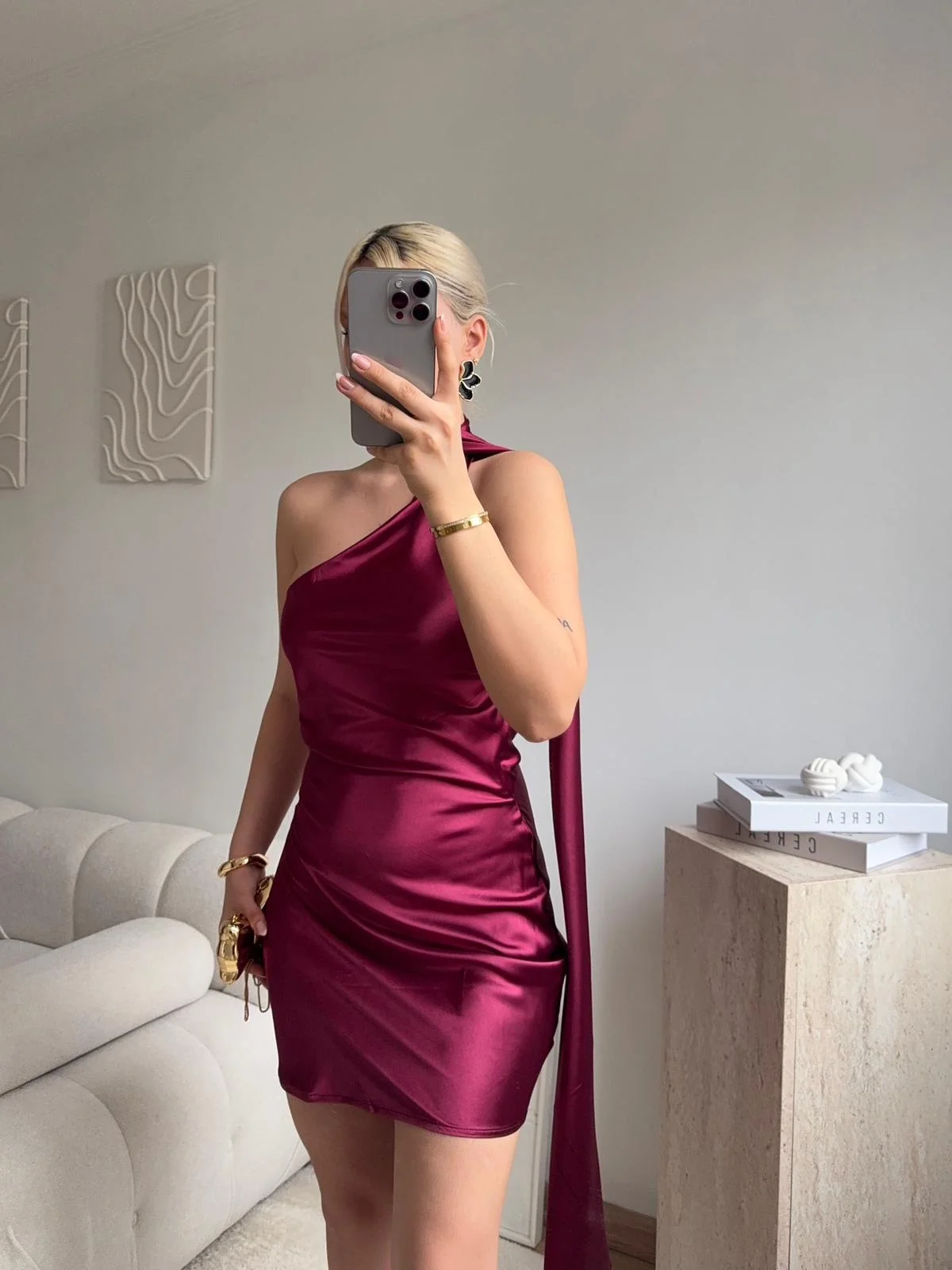 Boyundan Bağlamalı Saten Mini Elbise - BORDO