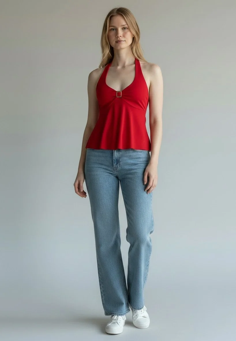 Boyundan Geçmeli Aksesuar Crop - KIRMIZI