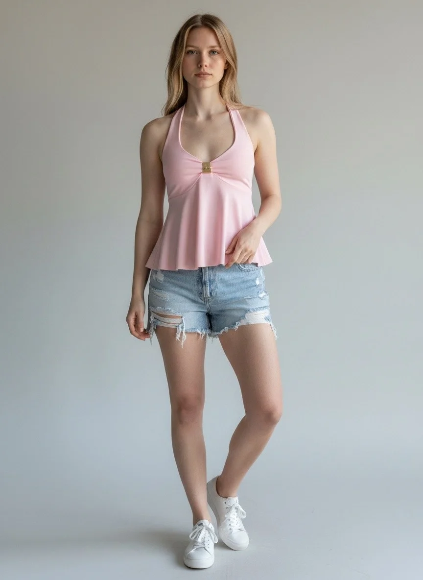 Boyundan Geçmeli Aksesuar Crop - PEMBE
