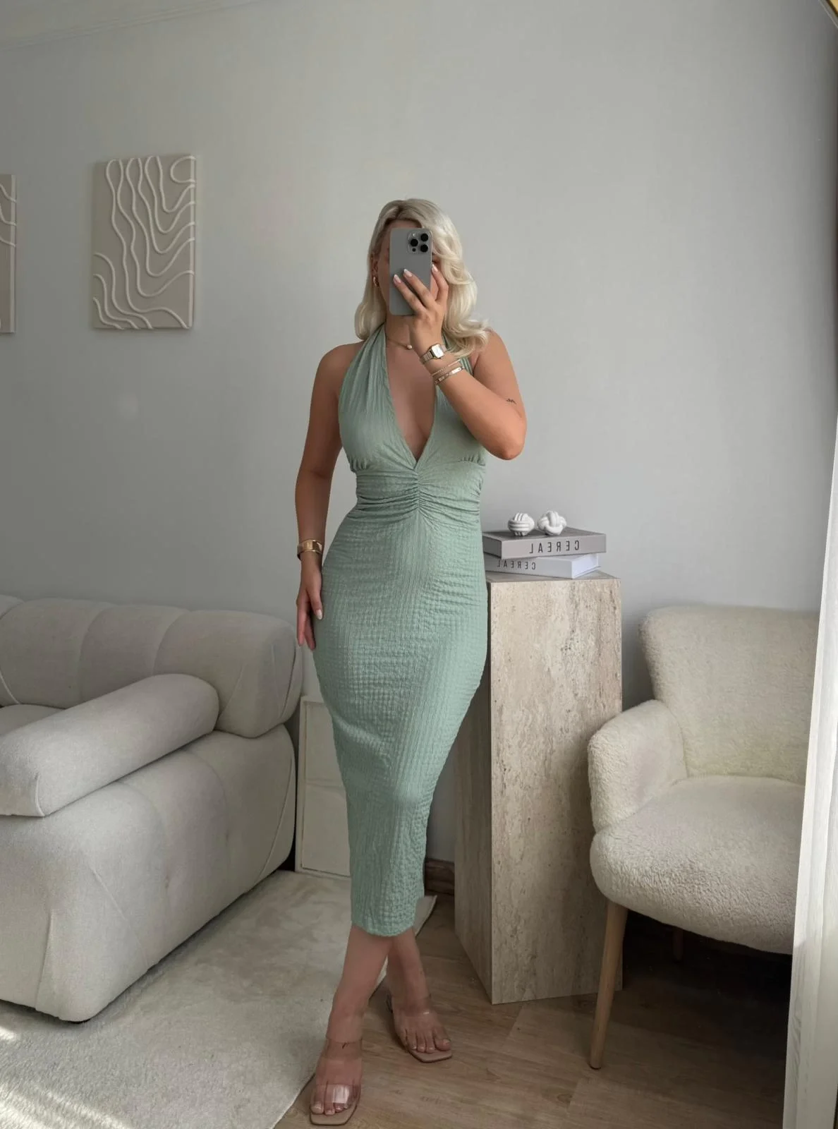 Bubble Kumaş Drapeli Elbise - Mint Yeşil