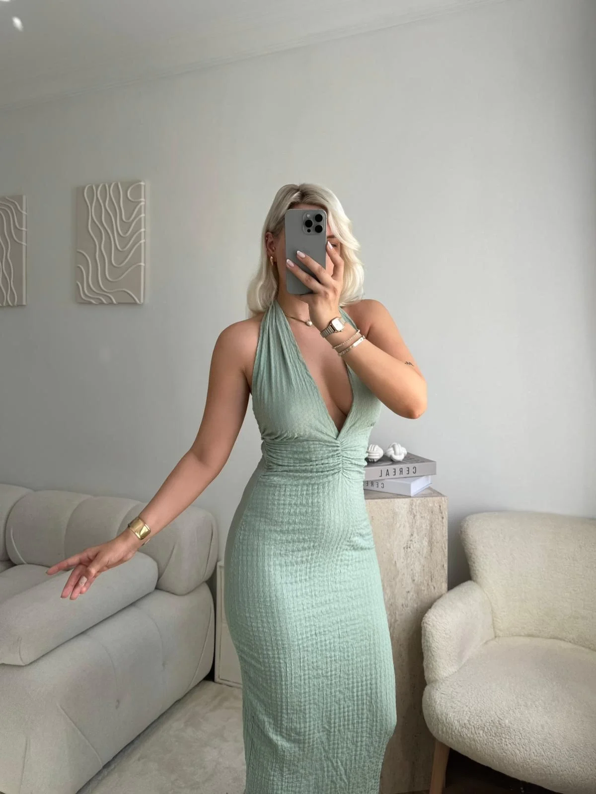 Bubble Kumaş Drapeli Elbise - Mint Yeşil