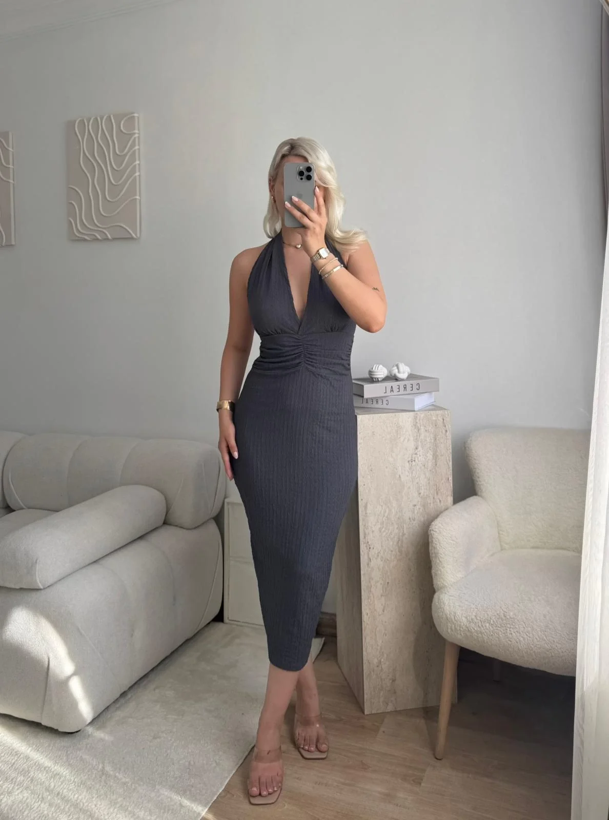 Bubble Kumaş Drapeli Elbise - FÜME