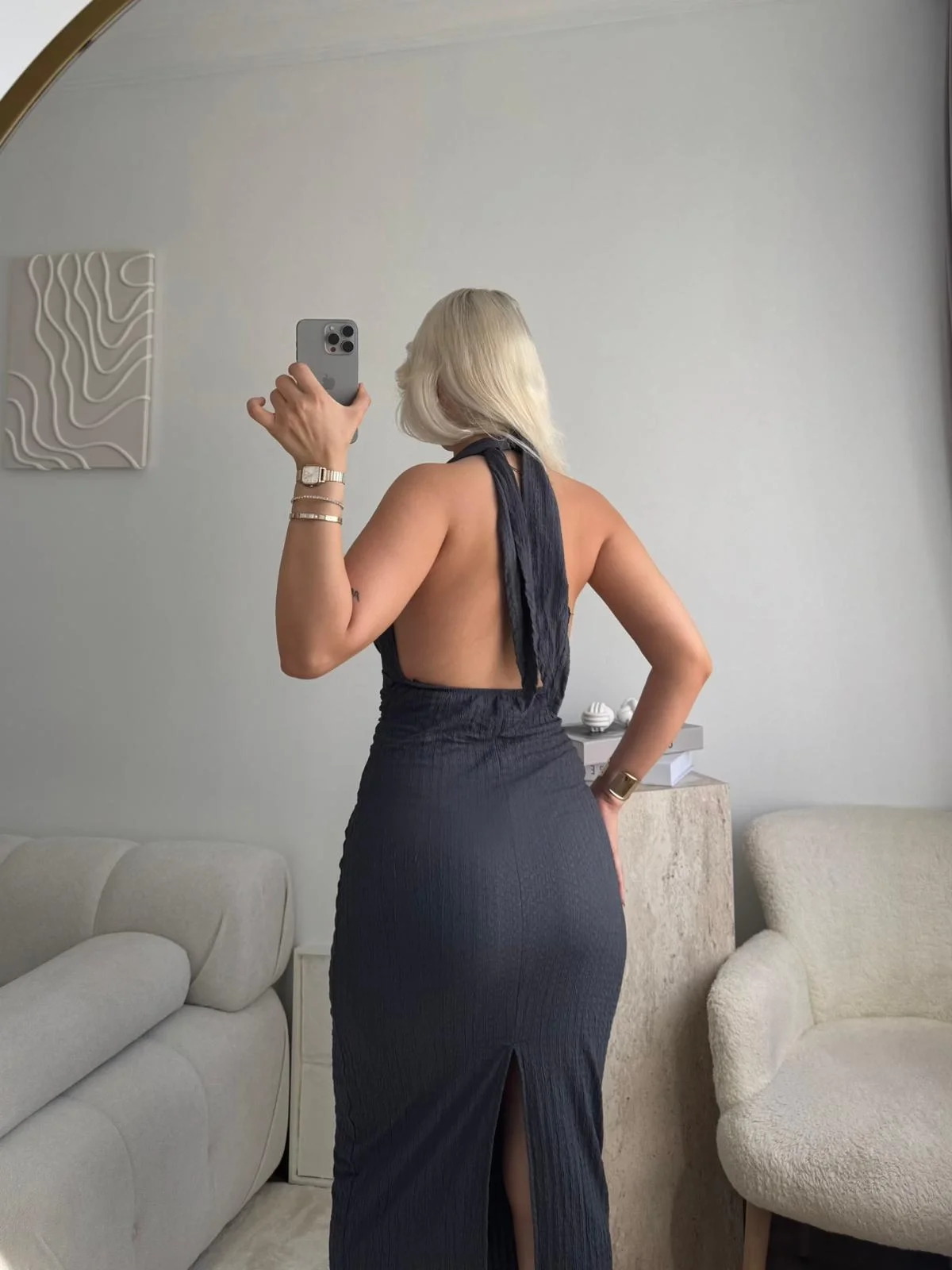 Bubble Kumaş Drapeli Elbise - FÜME