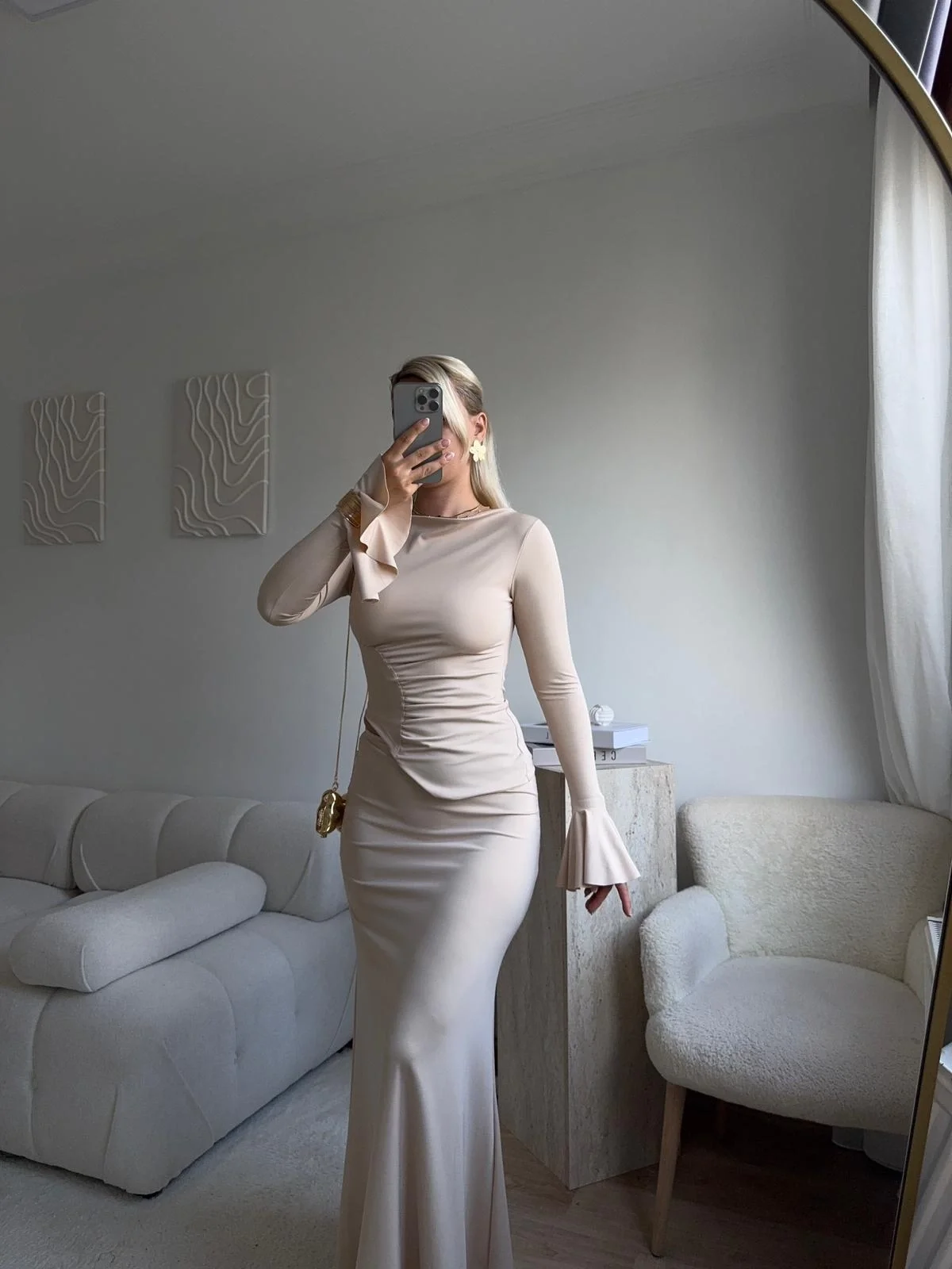 Büzgü Detay Fırfırlı İkili Takım - BEJ