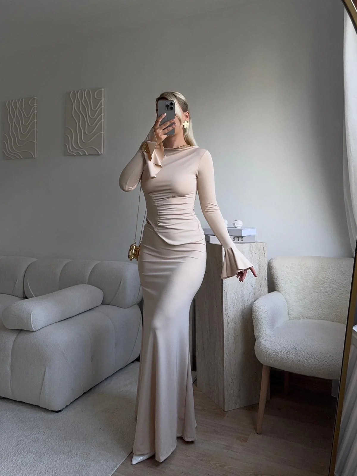 Büzgü Detay Fırfırlı İkili Takım - BEJ