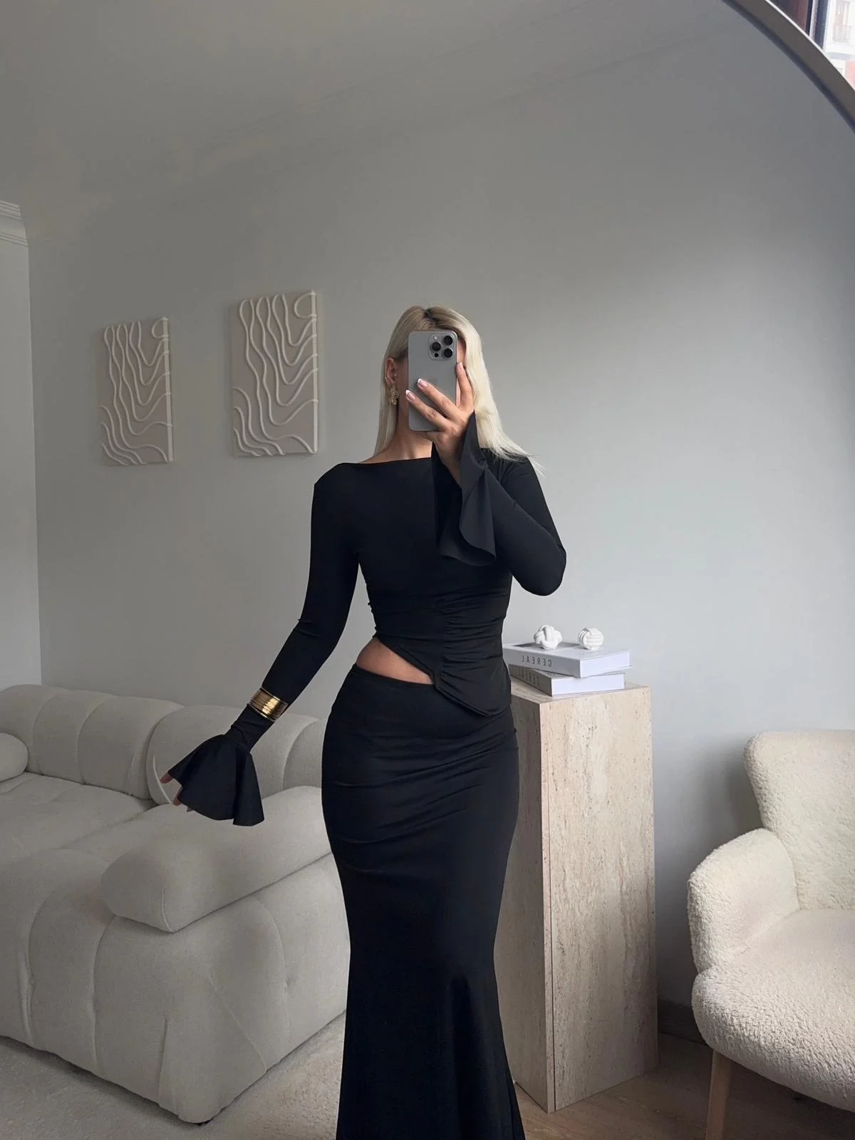 Büzgü Detay Fırfırlı İkili Takım - SİYAH