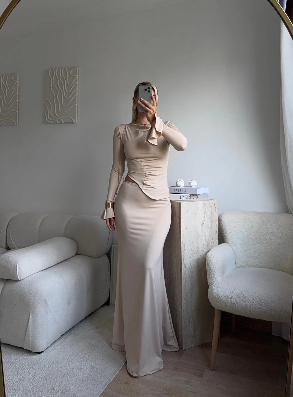 Büzgü Detay Fırfırlı İkili Takım - BEJ