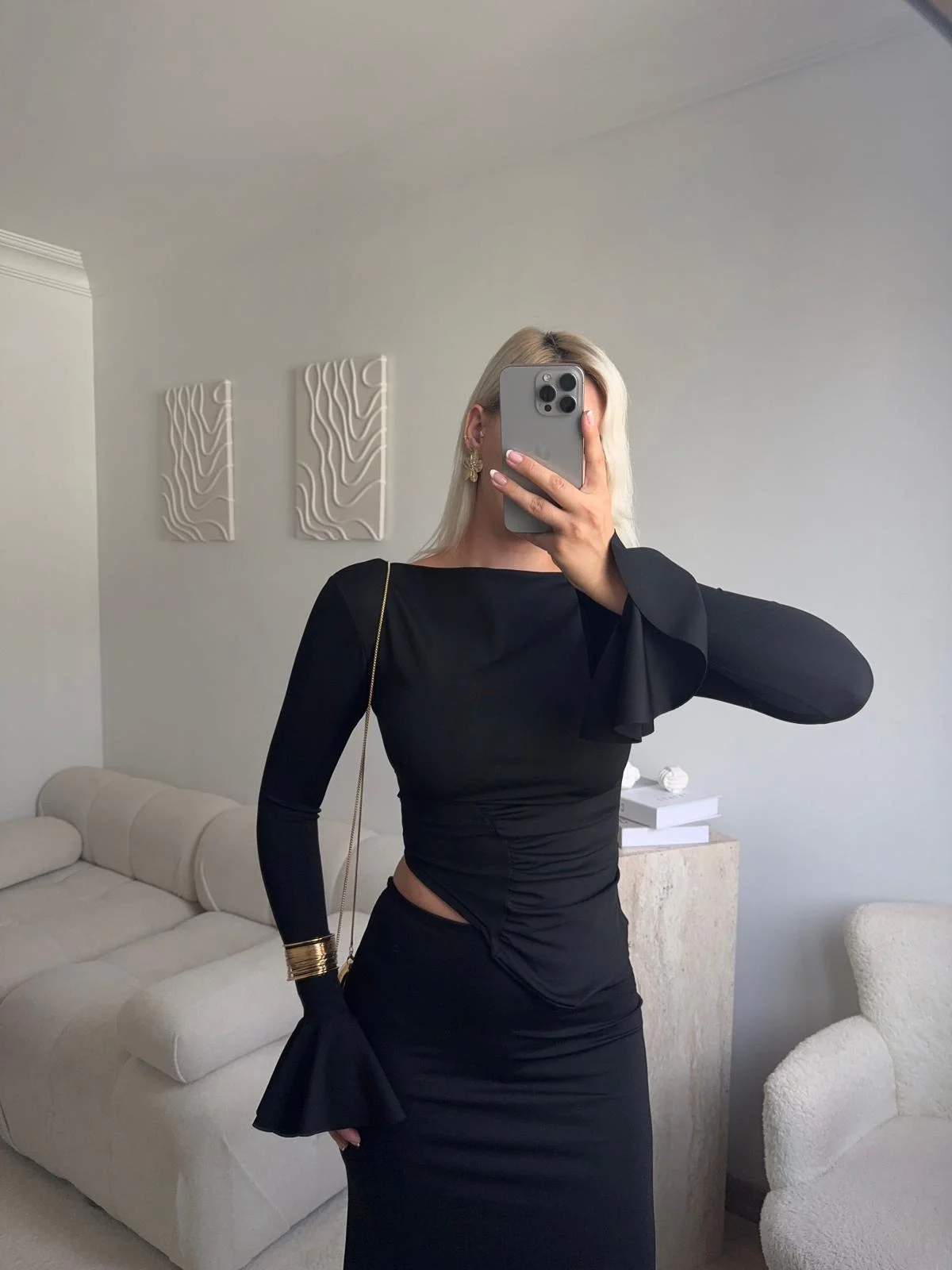 Büzgü Detay Fırfırlı İkili Takım - SİYAH