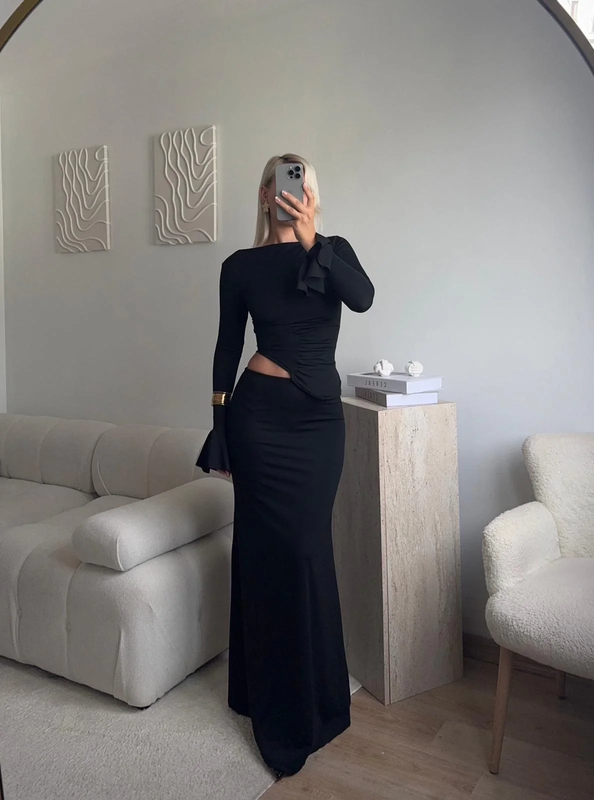 Büzgü Detay Fırfırlı İkili Takım - SİYAH