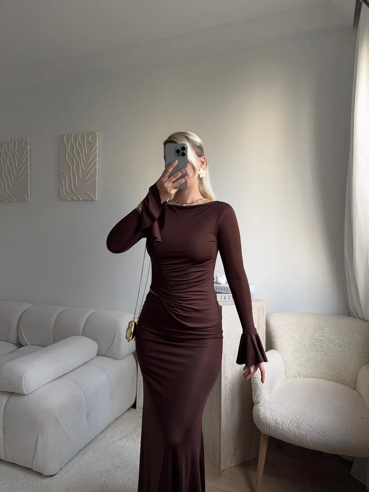 Büzgü Detay Fırfırlı İkili Takım - KAHVE