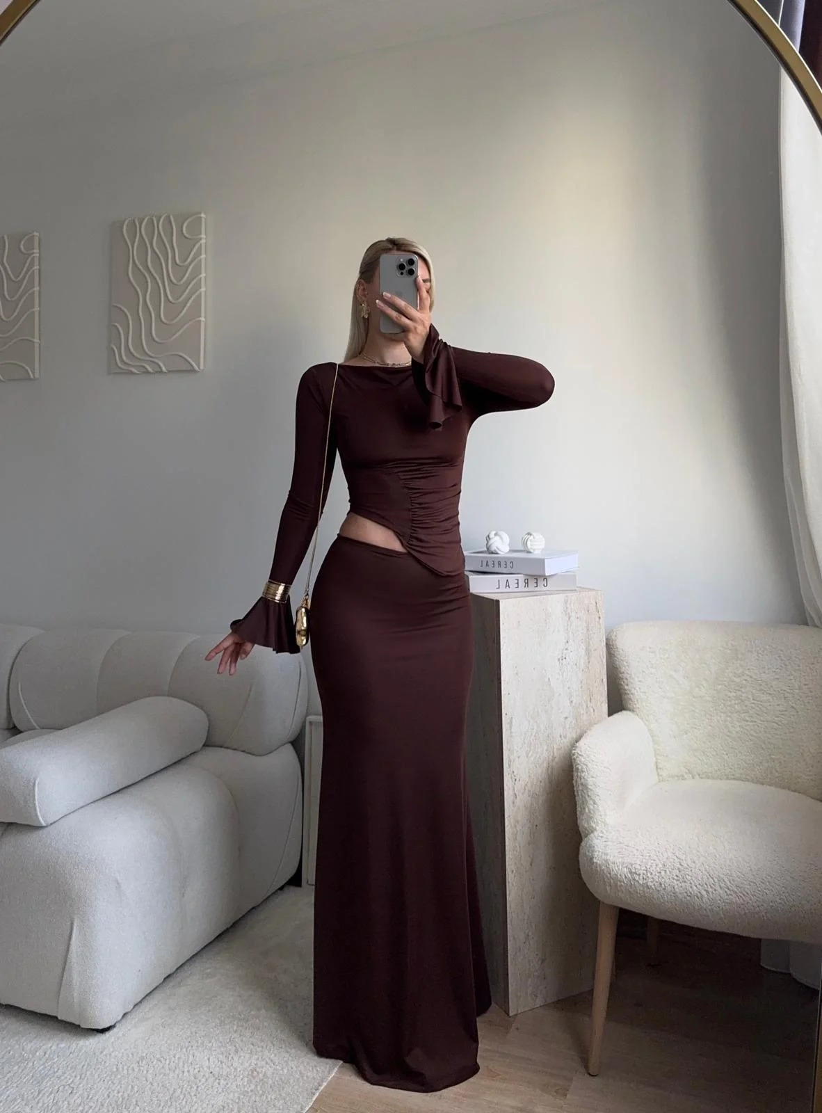 Büzgü Detay Fırfırlı İkili Takım - KAHVE