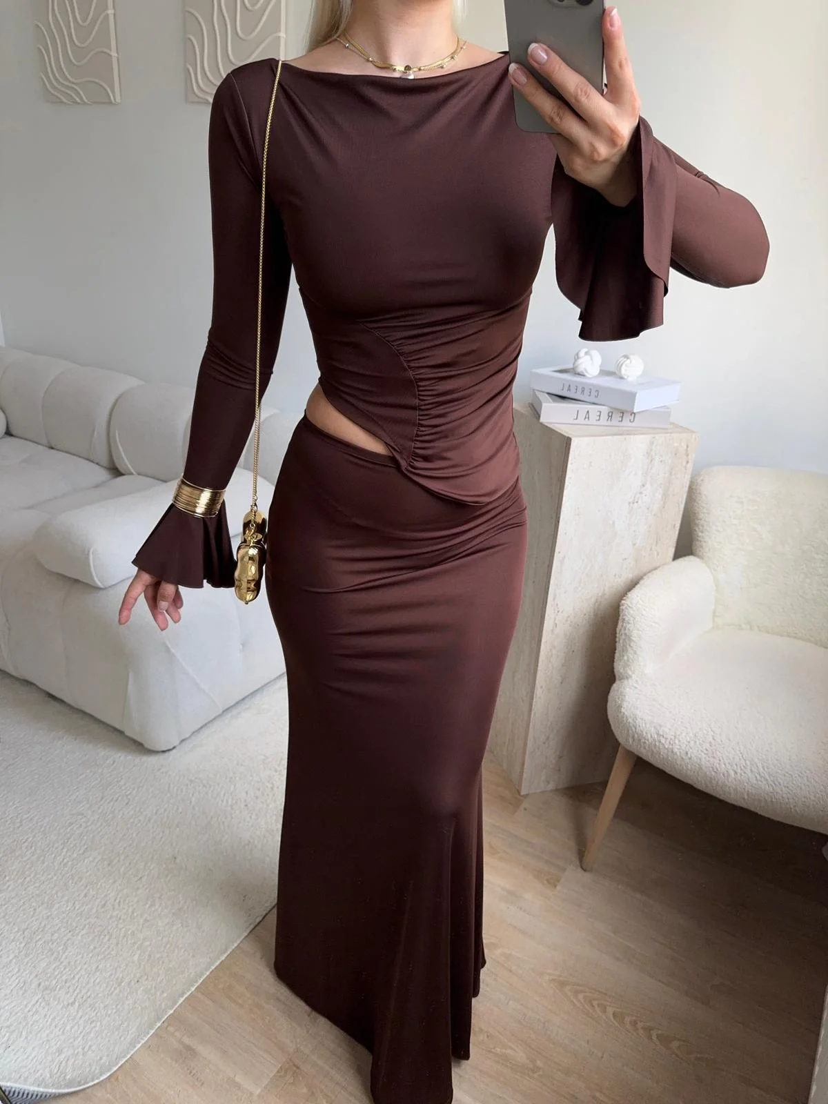 Büzgü Detay Fırfırlı İkili Takım - KAHVE