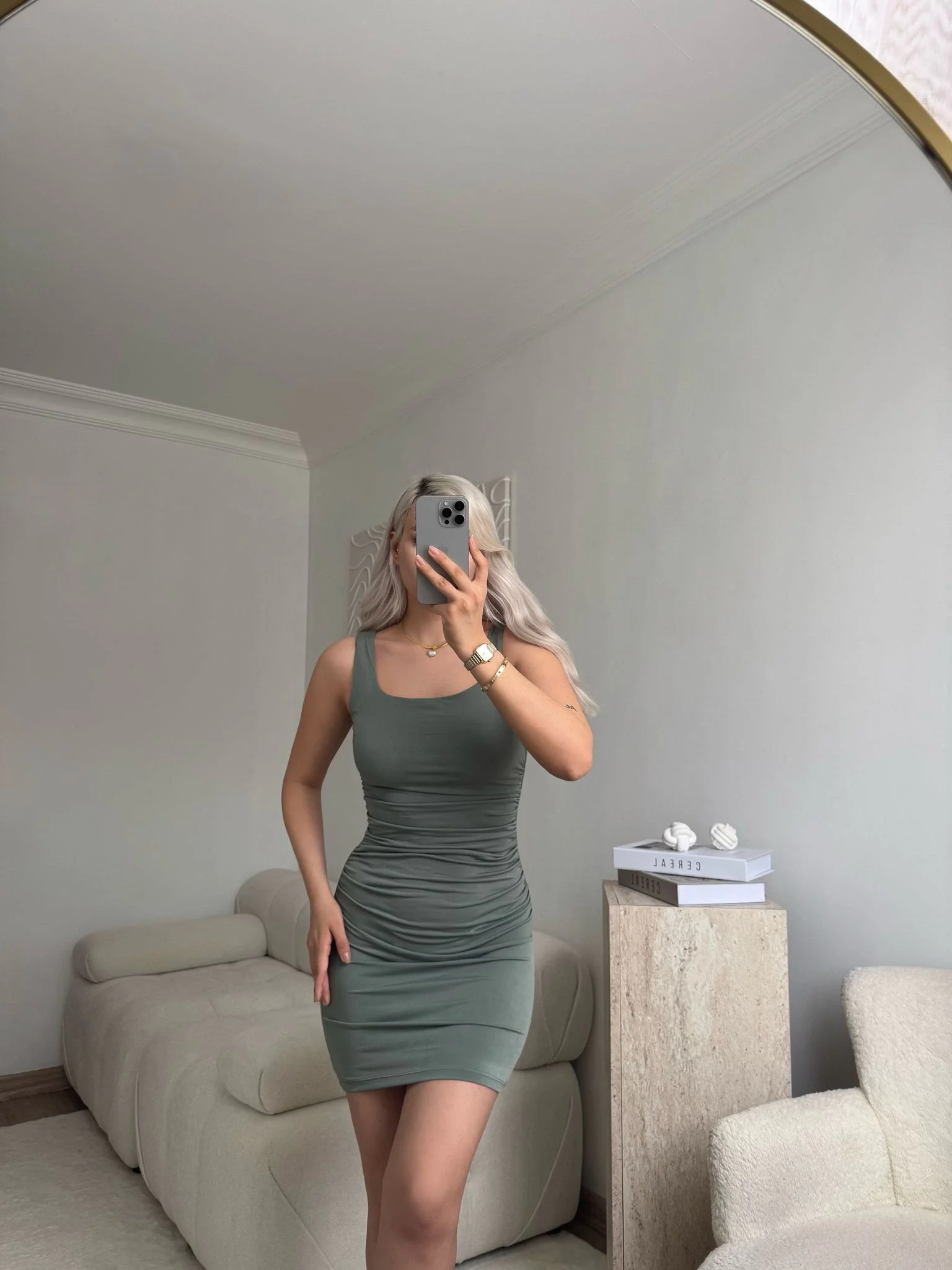 Büzgü Detaylı Mini Elbise - YEŞİL