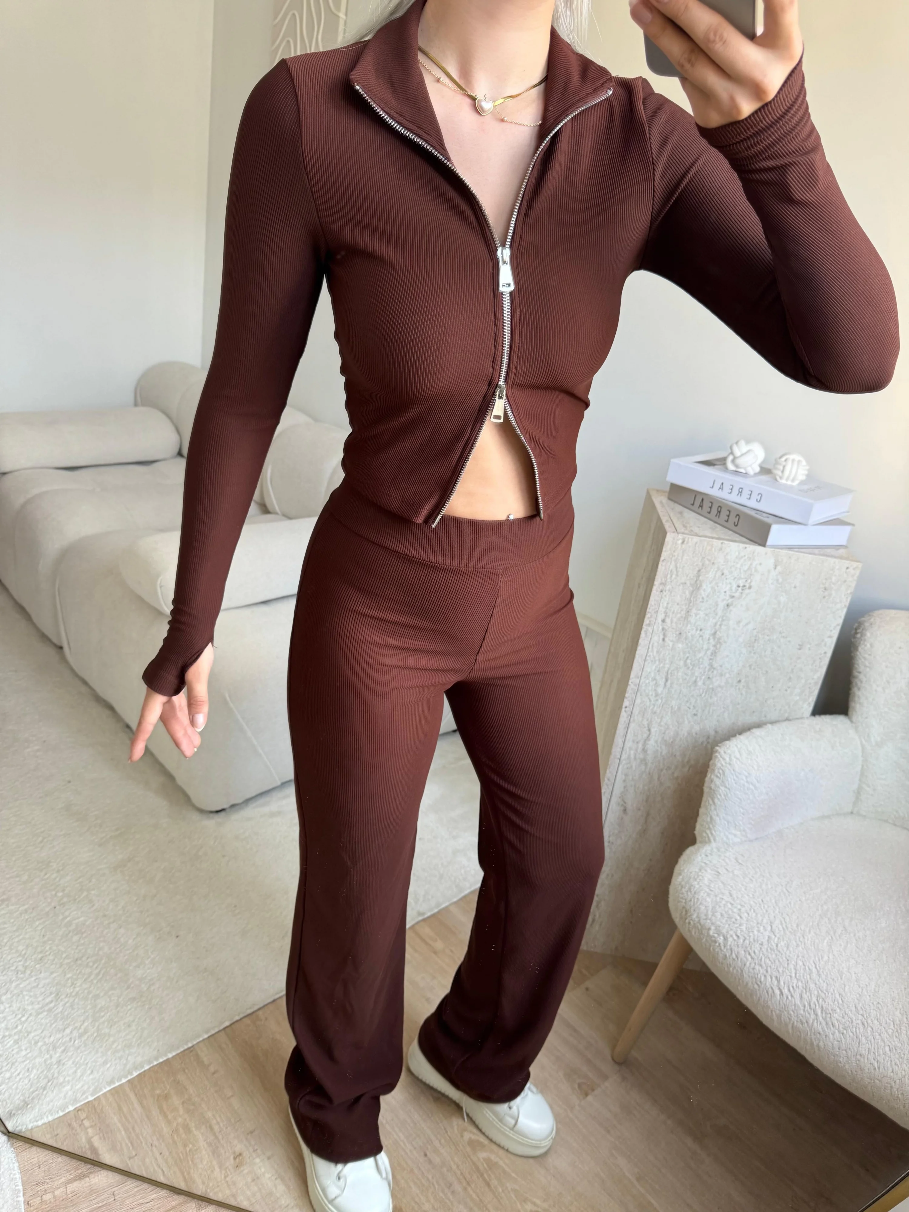 Çift Fermuar Crop & Pantolon Takım - KAHVE