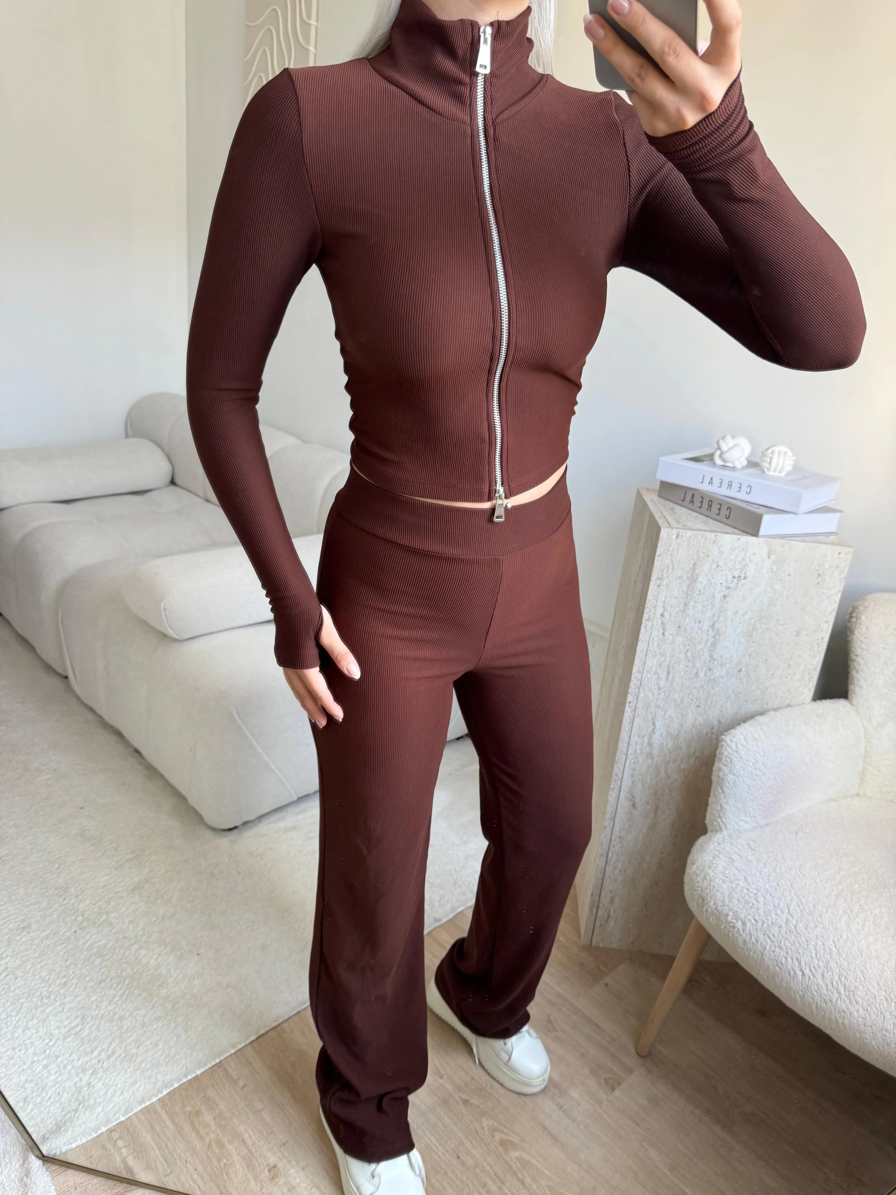 Çift Fermuar Crop & Pantolon Takım - KAHVE