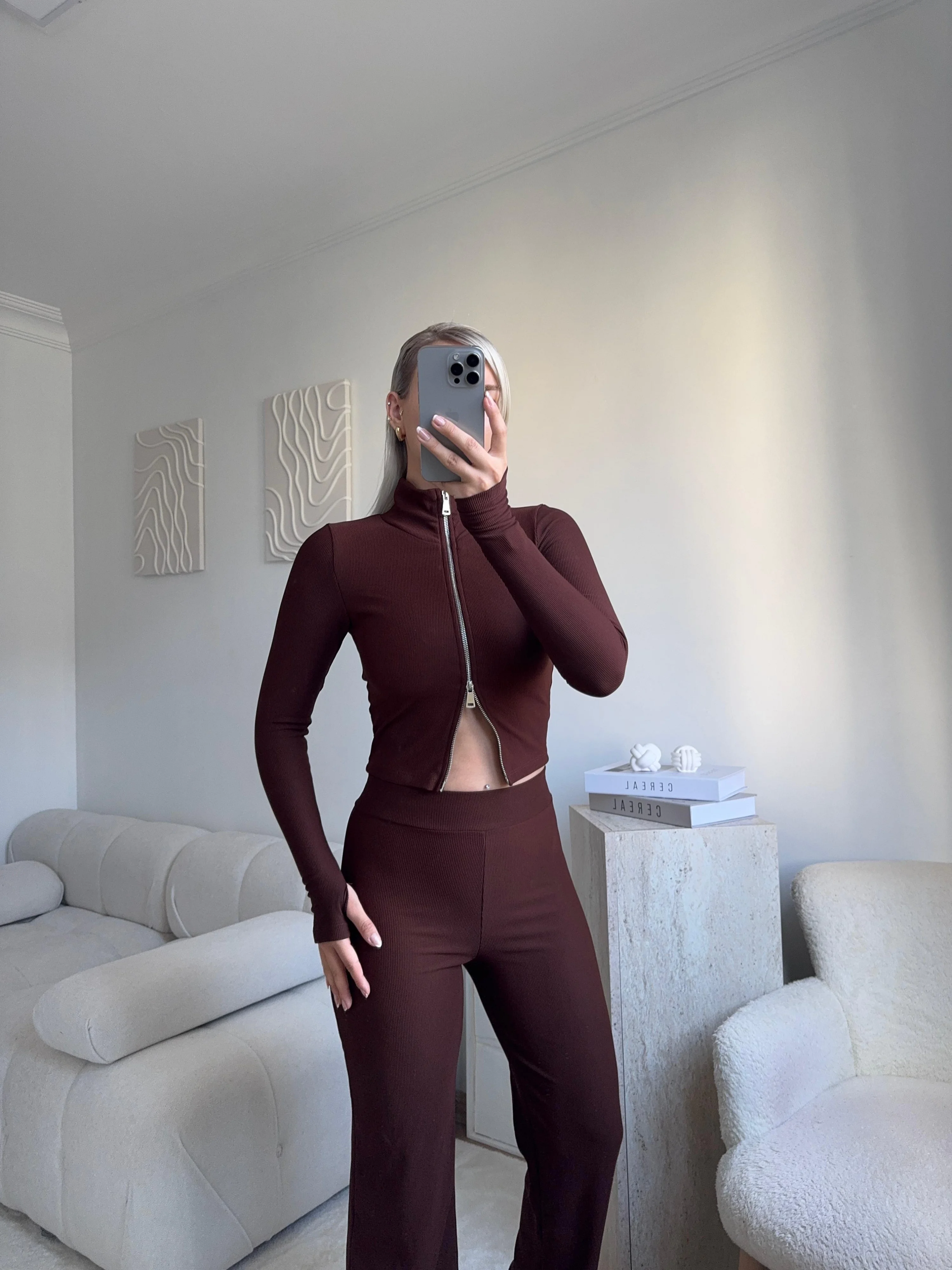 Çift Fermuar Crop & Pantolon Takım - KAHVE