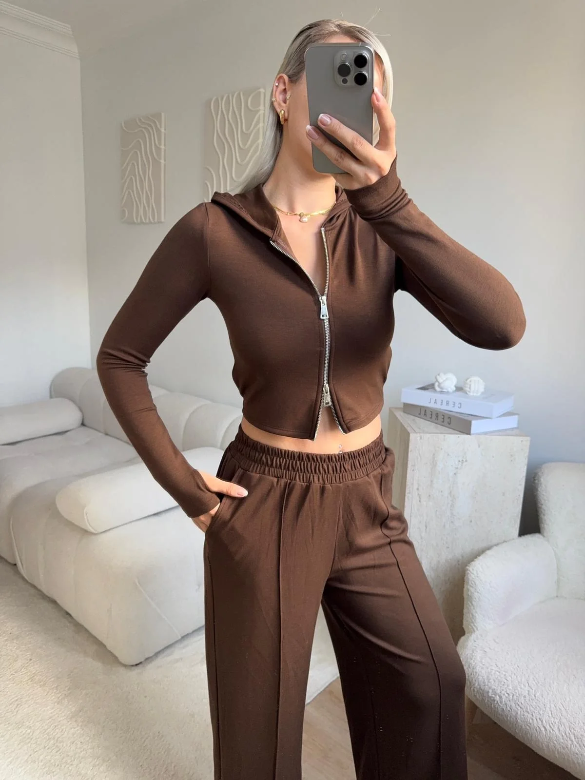 Modal Fermuar Crop & Pantolon Takım - KAHVE