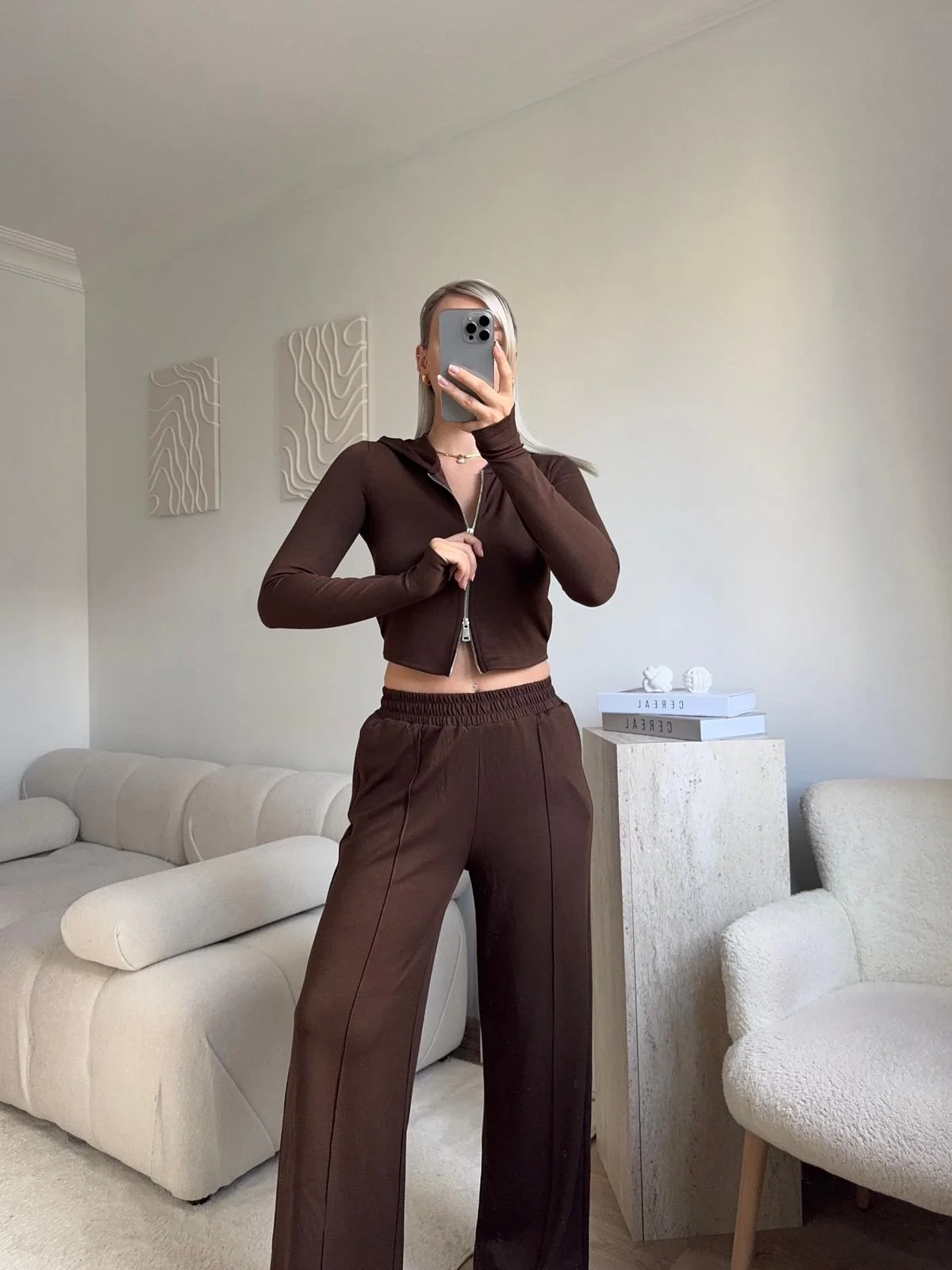 Modal Fermuar Crop & Pantolon Takım - KAHVE