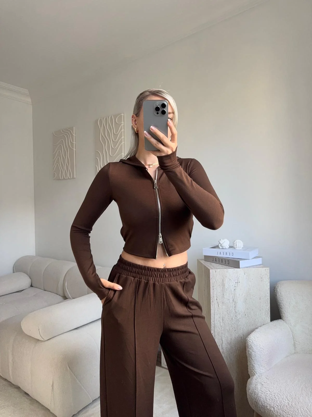 Modal Fermuar Crop & Pantolon Takım - KAHVE