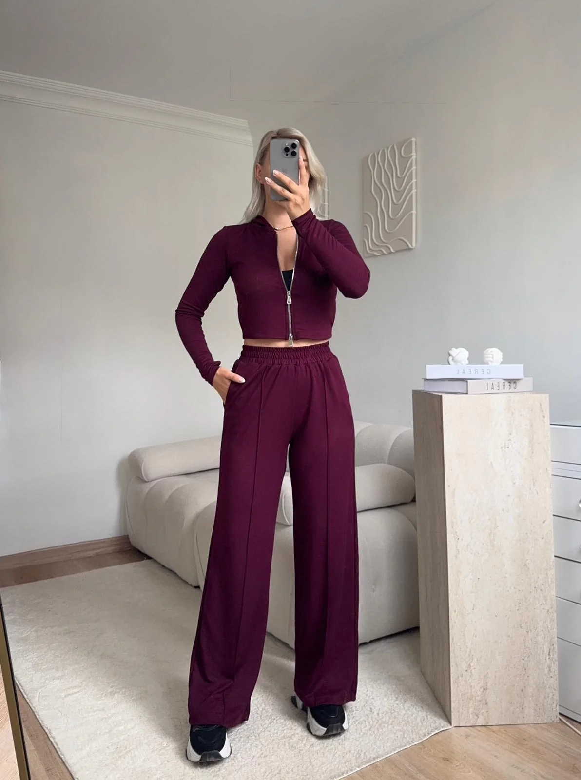 Modal Fermuar Crop & Pantolon Takım - BORDO