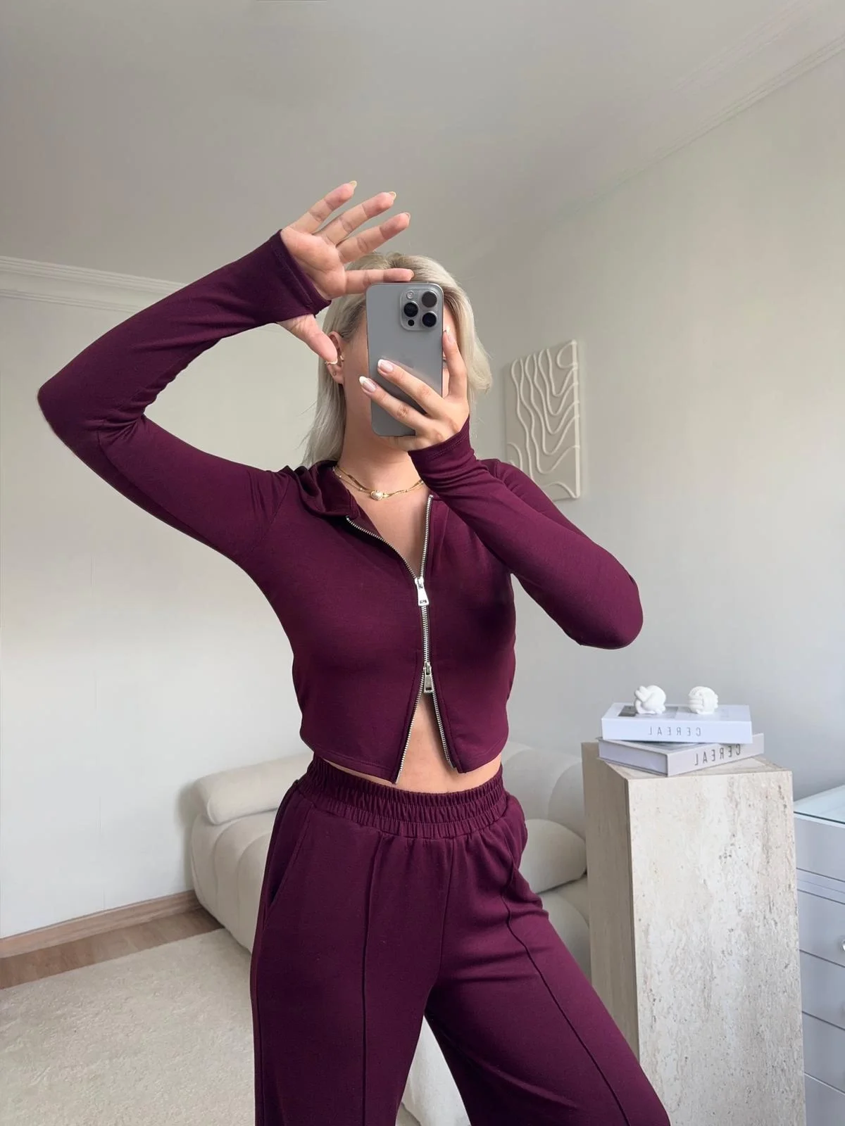 Modal Fermuar Crop & Pantolon Takım - BORDO