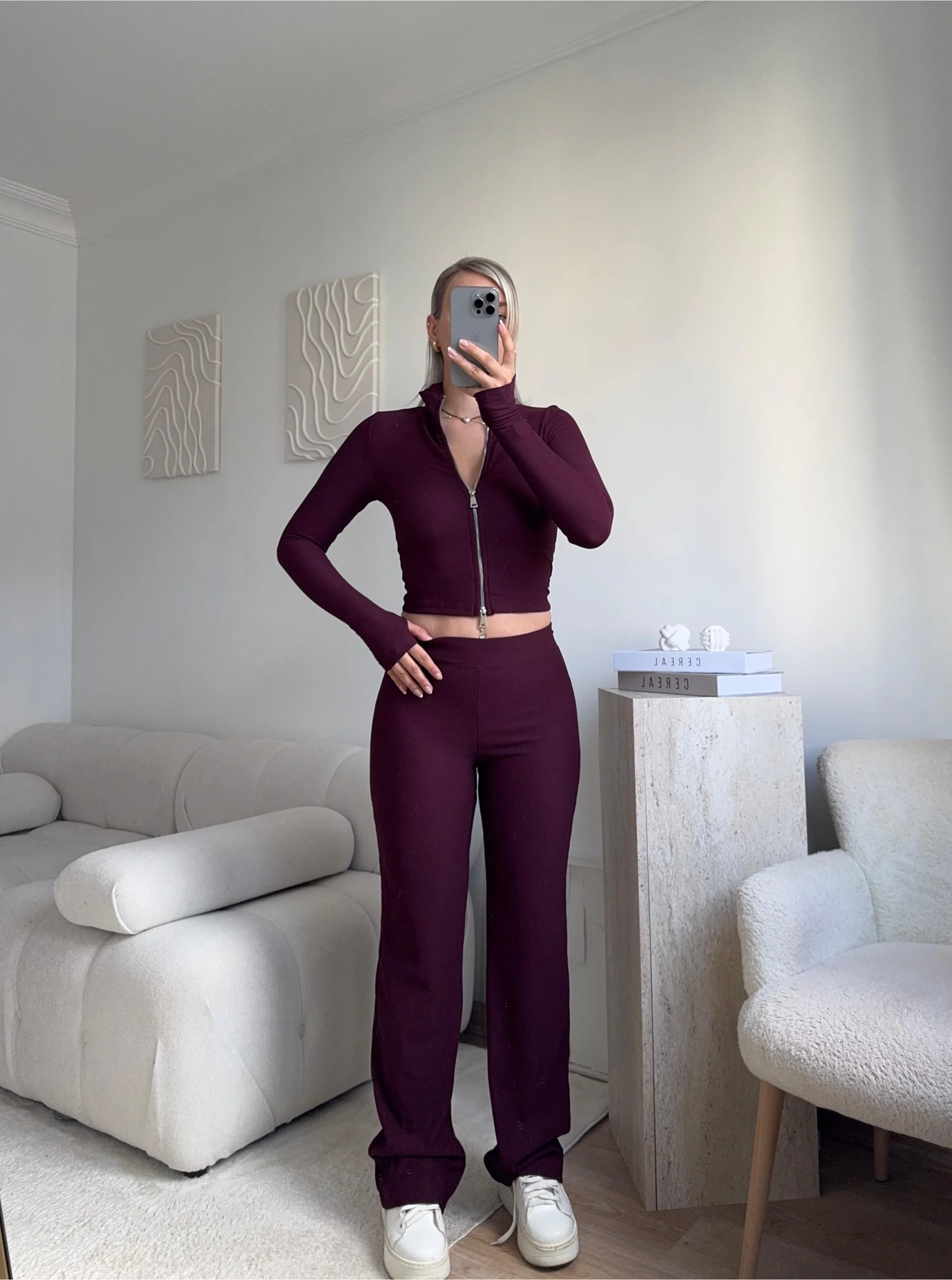 Çift Fermuar Crop & Pantolon Takım - MOR