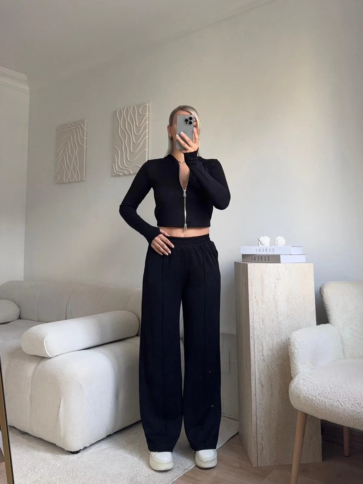 Modal Fermuar Crop & Pantolon Takım - SİYAH