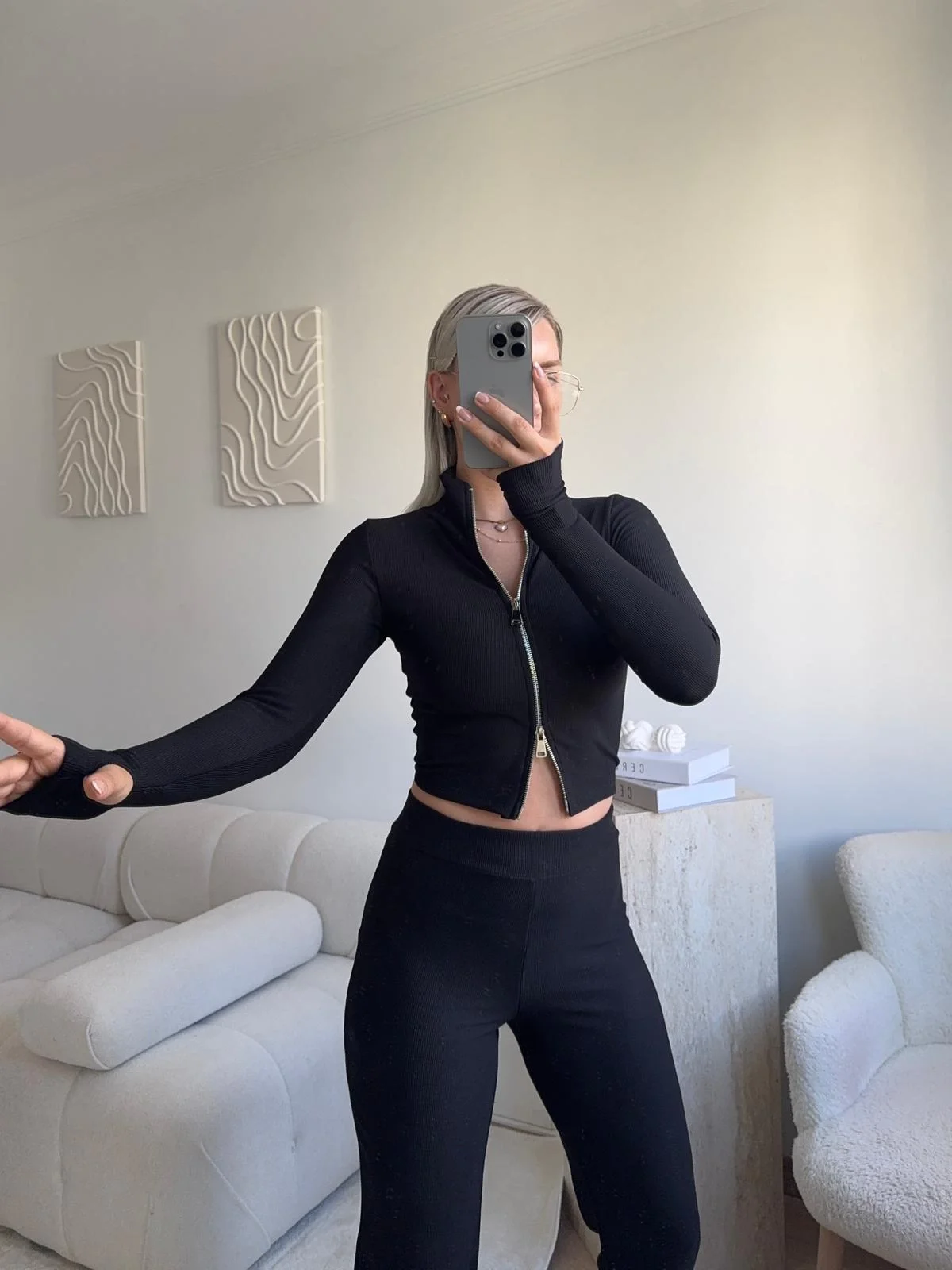 Çift Fermuar Crop & Pantolon Takım - SİYAH