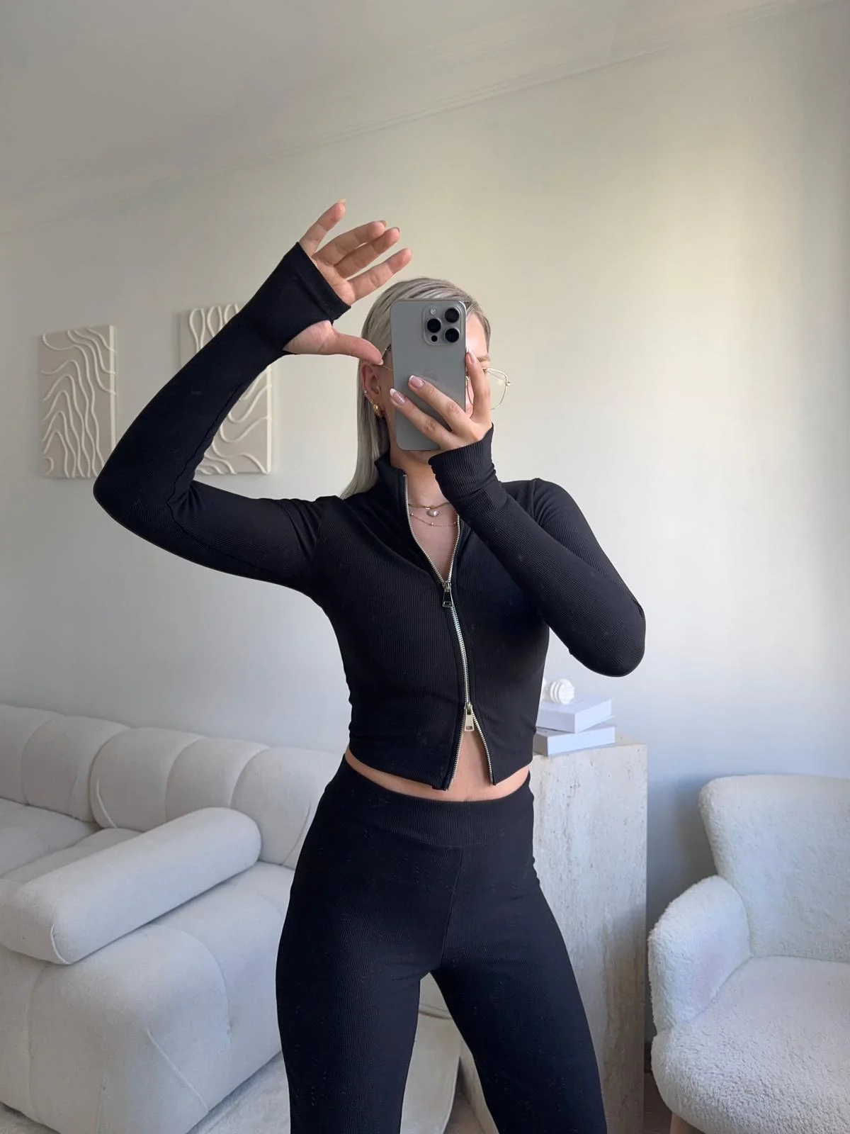 Çift Fermuar Crop & Pantolon Takım - SİYAH