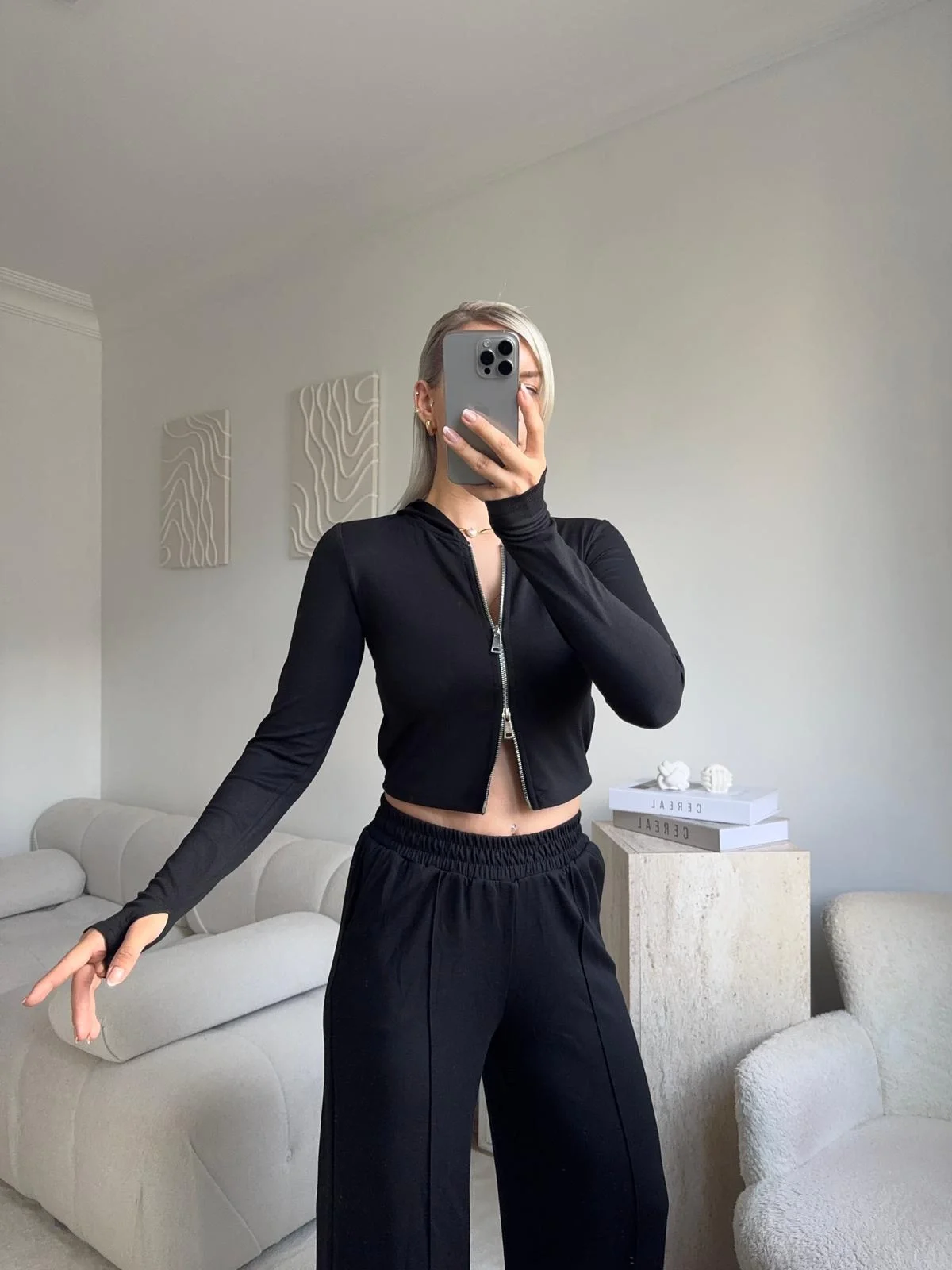 Modal Fermuar Crop & Pantolon Takım - SİYAH