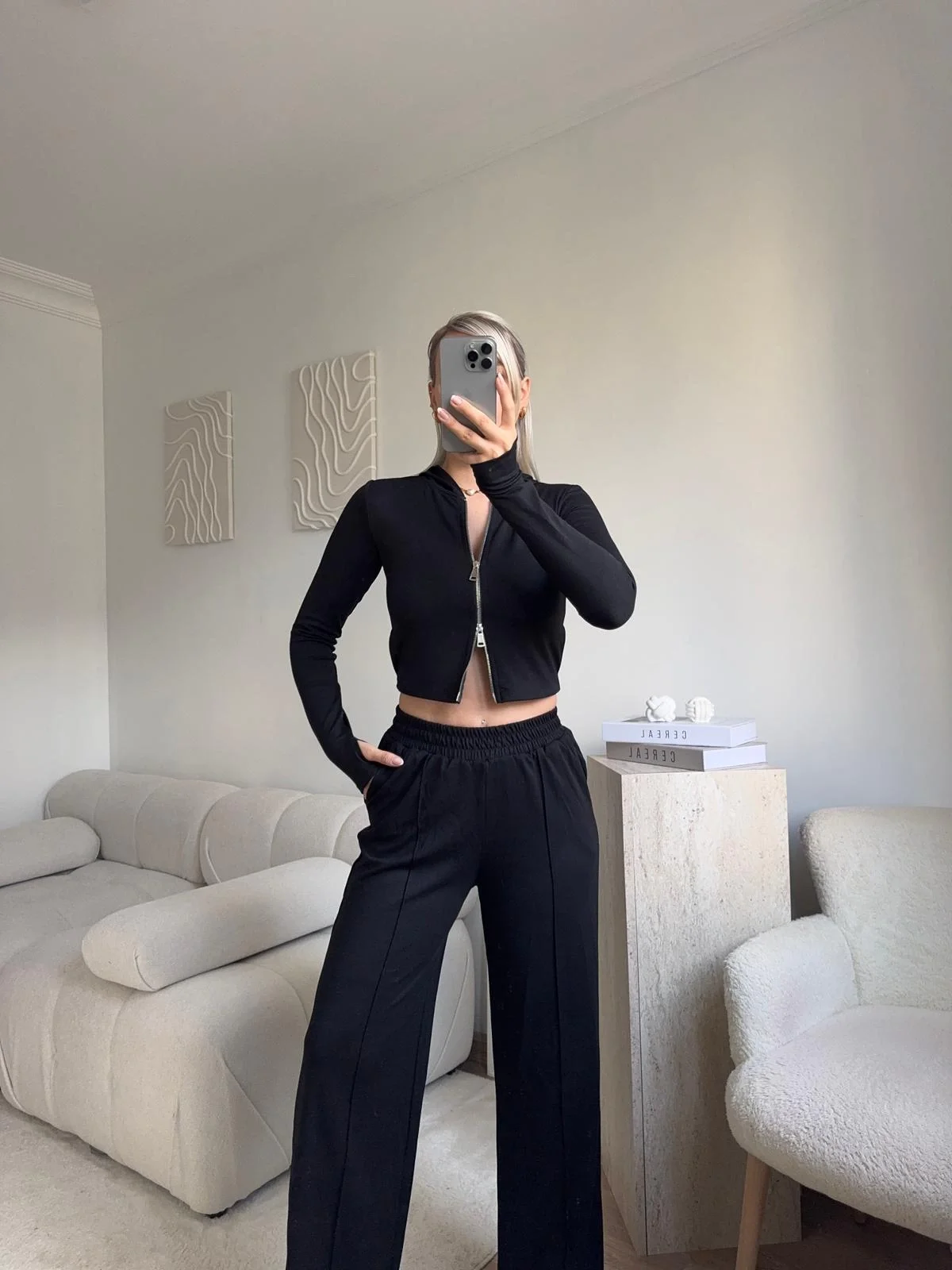 Modal Fermuar Crop & Pantolon Takım - SİYAH