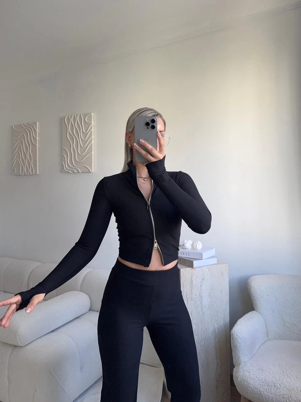 Çift Fermuar Crop & Pantolon Takım - SİYAH