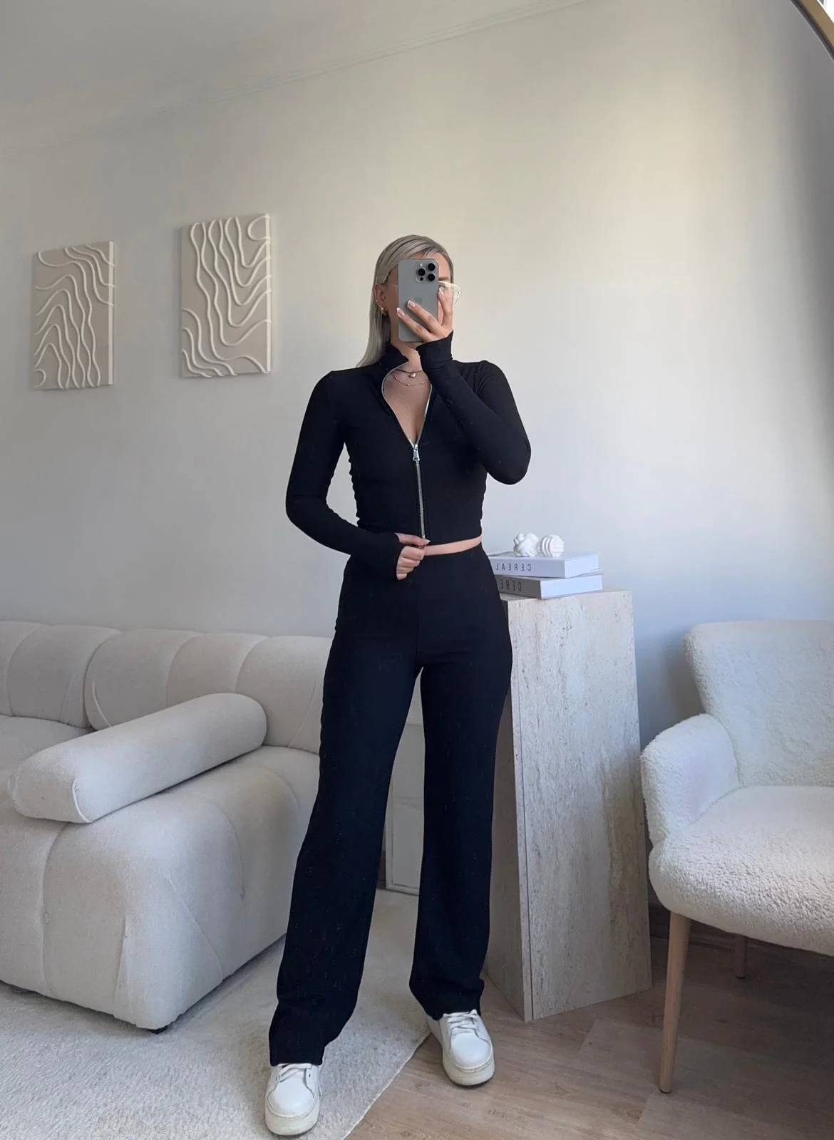 Çift Fermuar Crop & Pantolon Takım - SİYAH