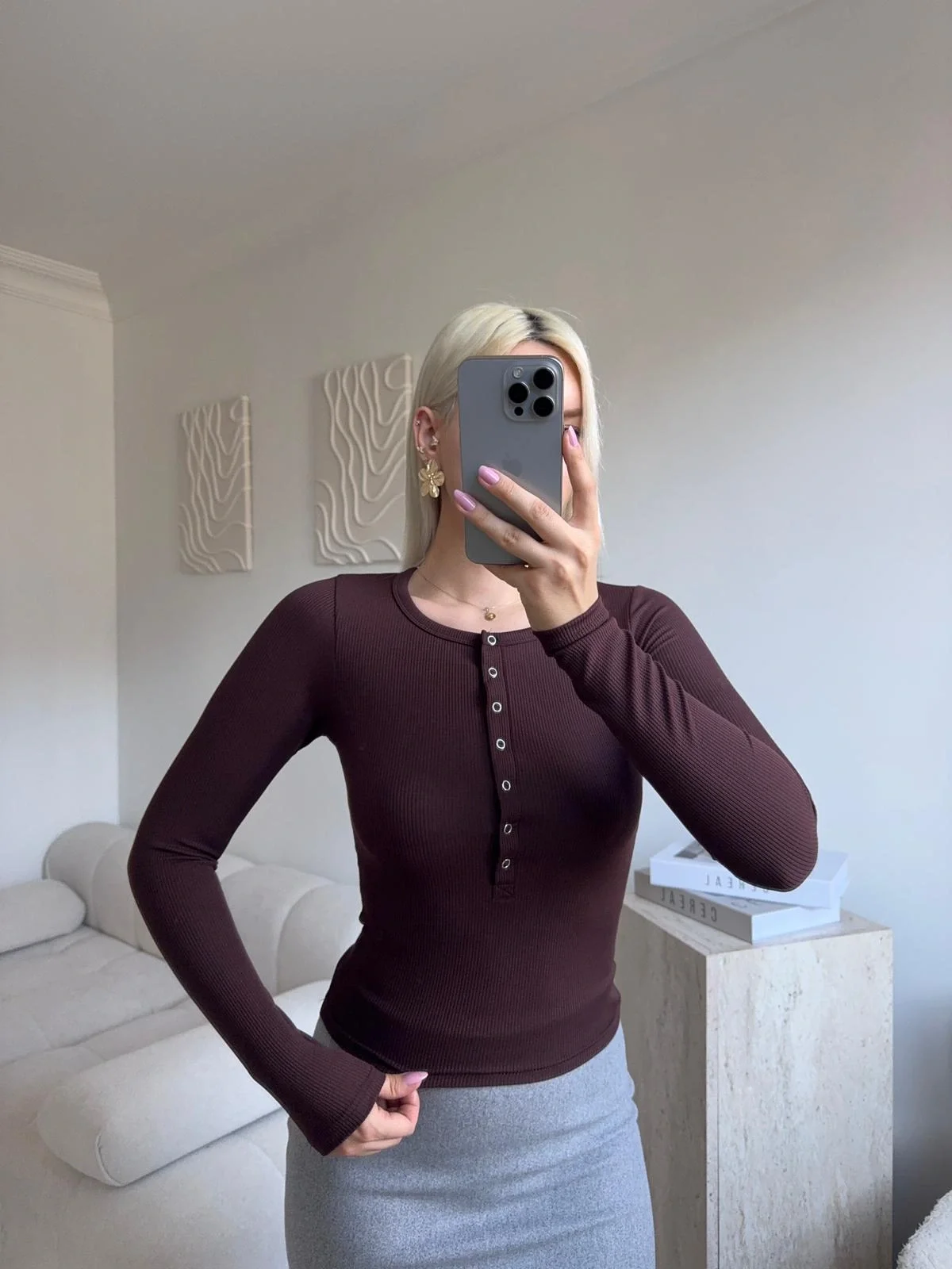 Çıtçıtlı Fitilli Bluz - KAHVE