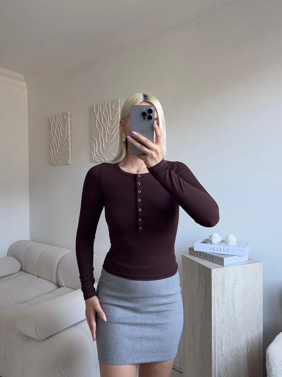 Çıtçıtlı Fitilli Bluz - KAHVE