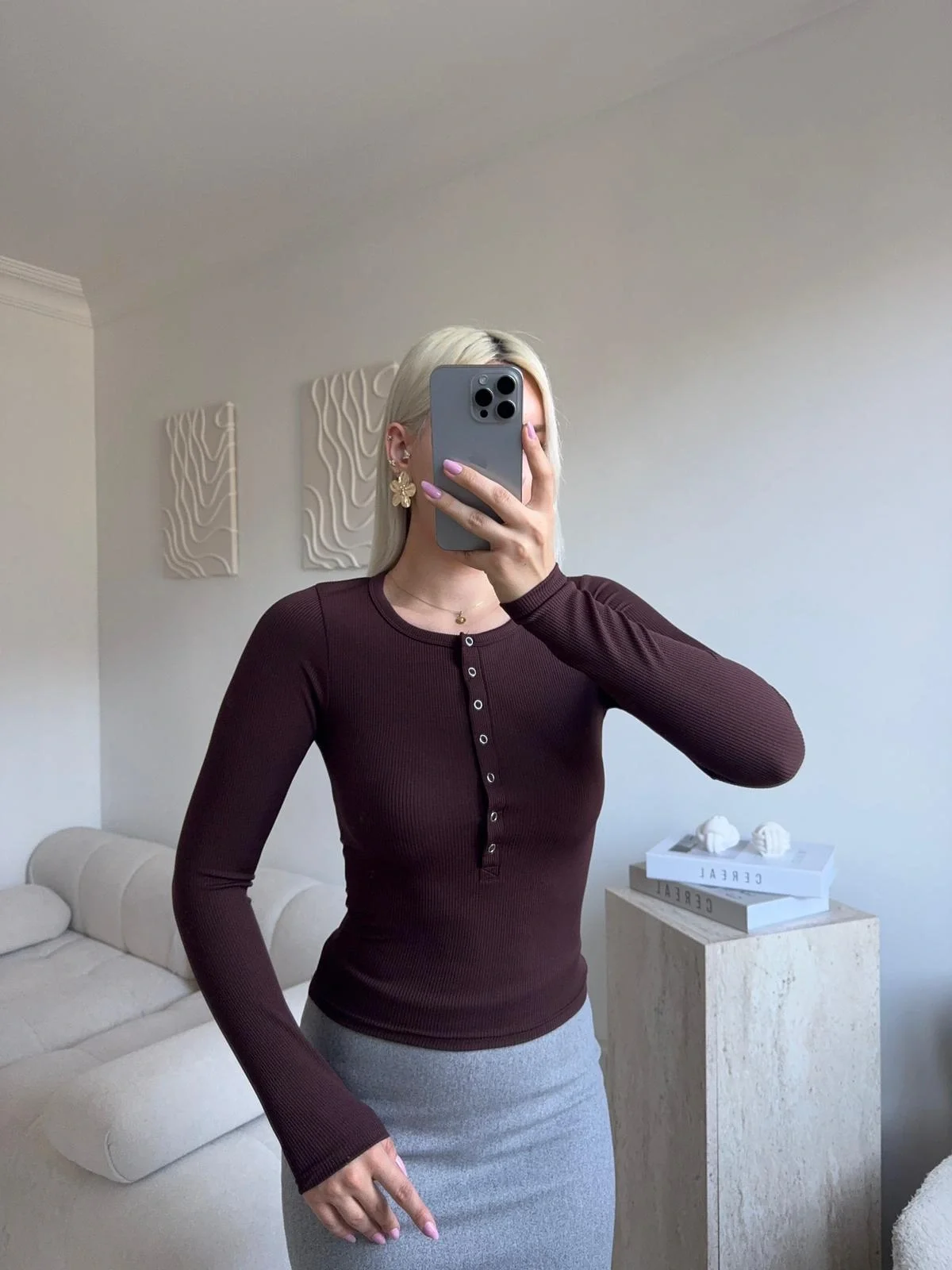 Çıtçıtlı Fitilli Bluz - KAHVE