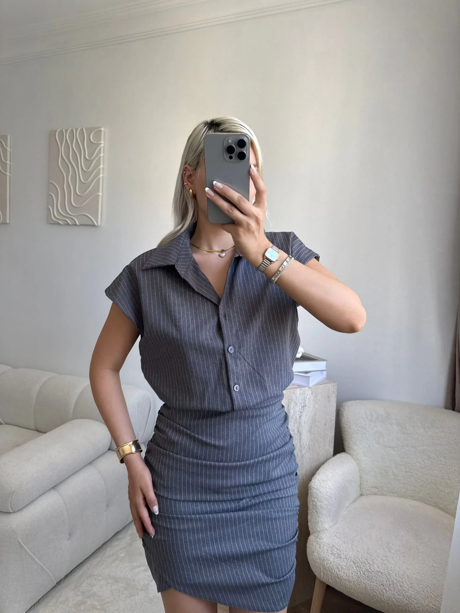 Çizgili Gömlek Yaka Elbise - GRİ