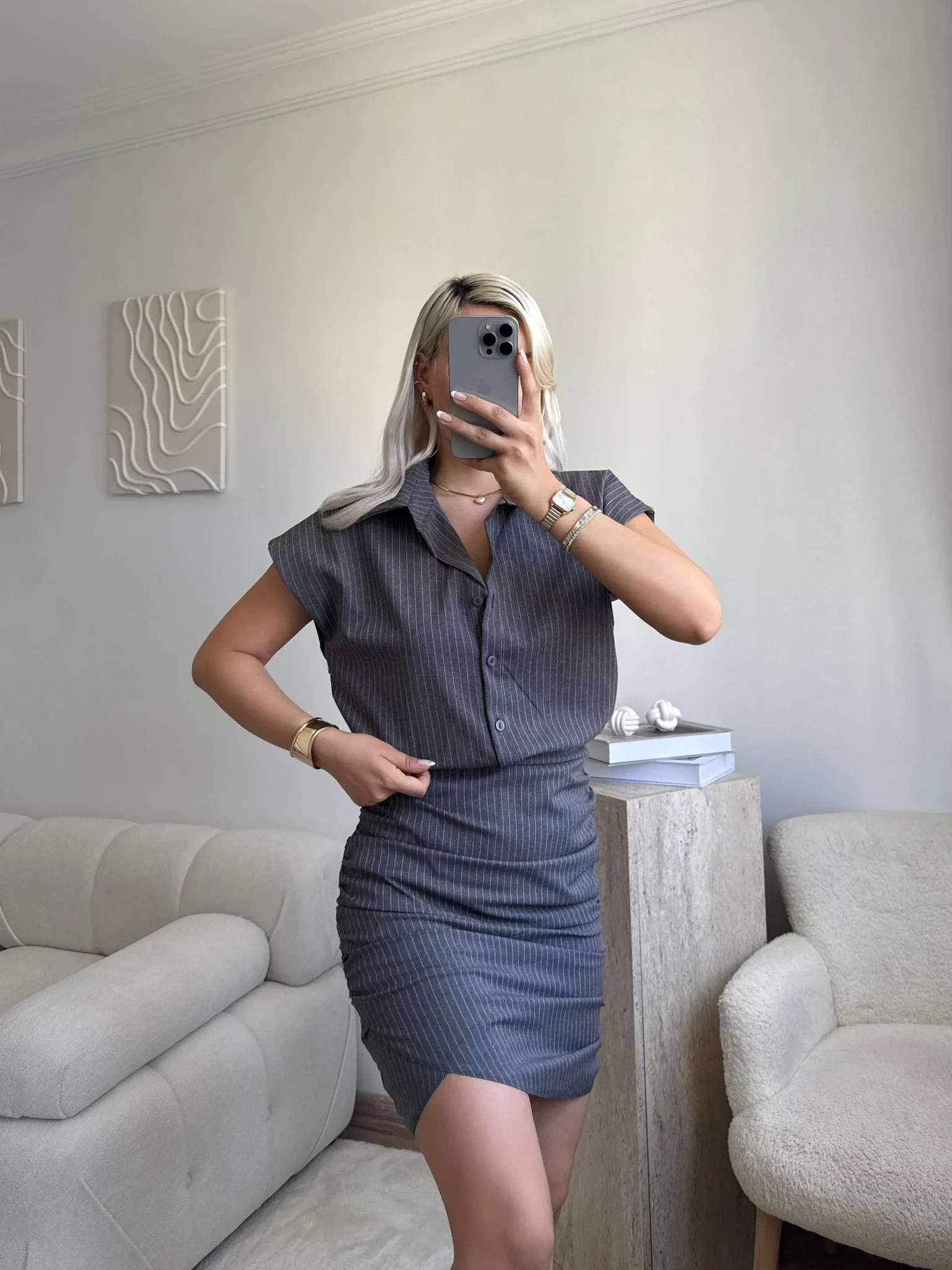 Çizgili Gömlek Yaka Elbise - GRİ