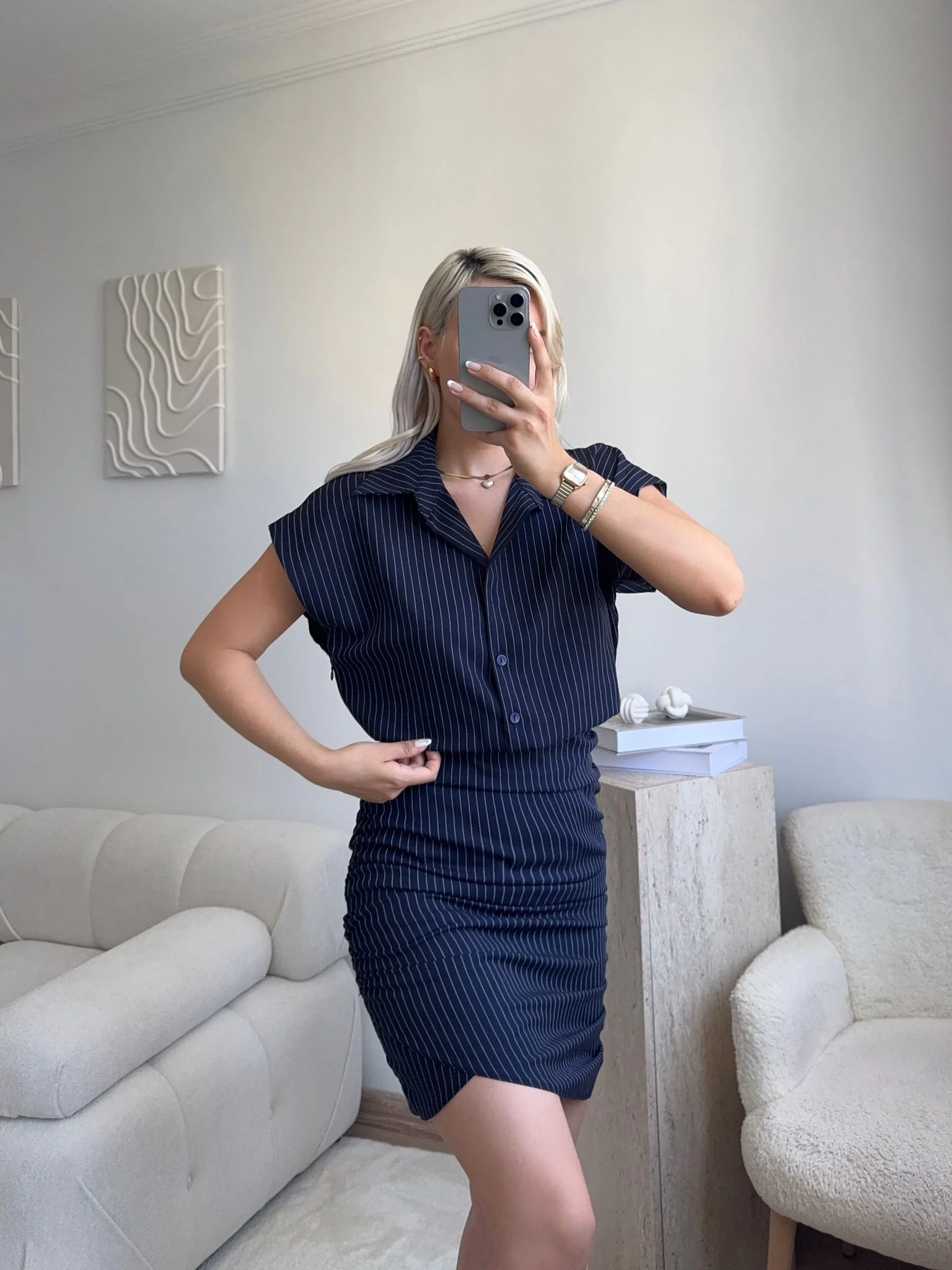 Çizgili Gömlek Yaka Elbise - LACİVERT