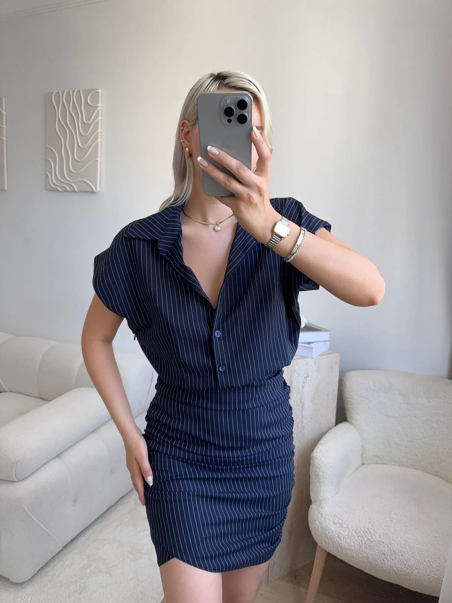 Çizgili Gömlek Yaka Elbise - LACİVERT