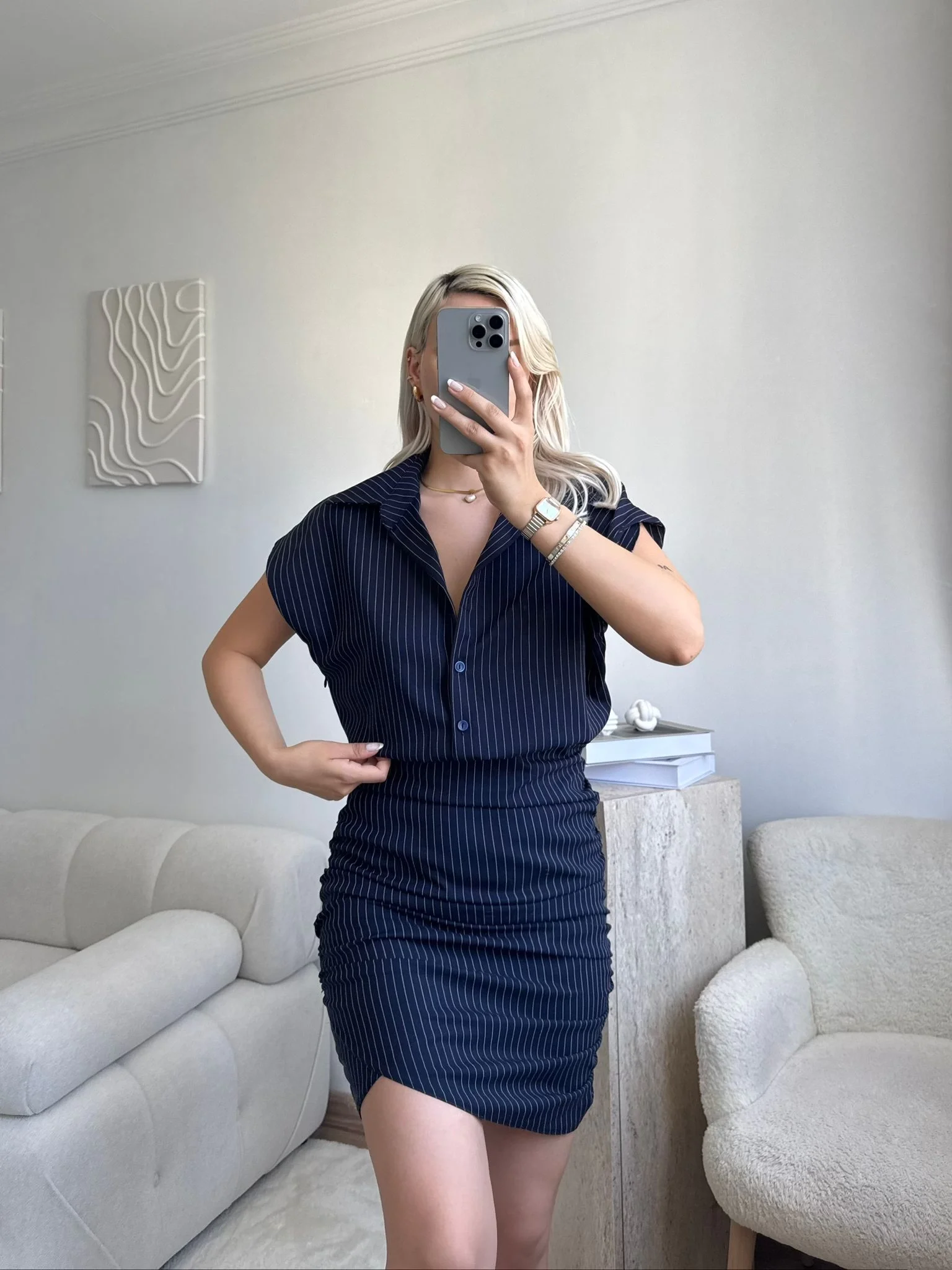 Çizgili Gömlek Yaka Elbise - LACİVERT