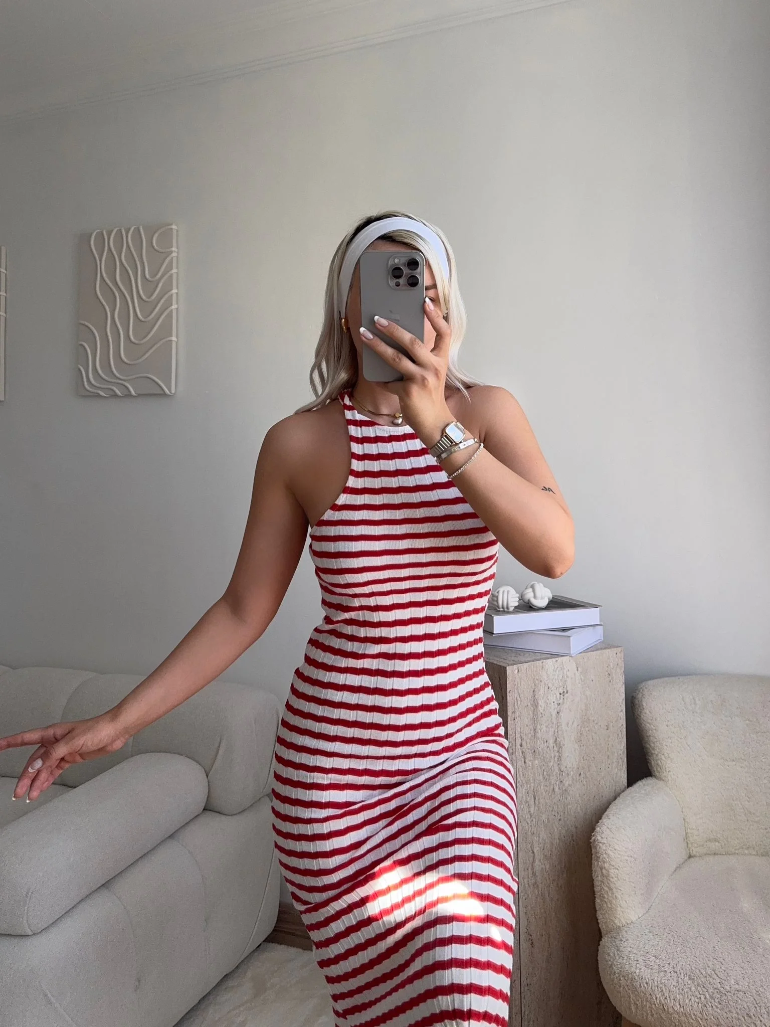 Çizgili Halter Yaka Sırt Dekolte Elbise