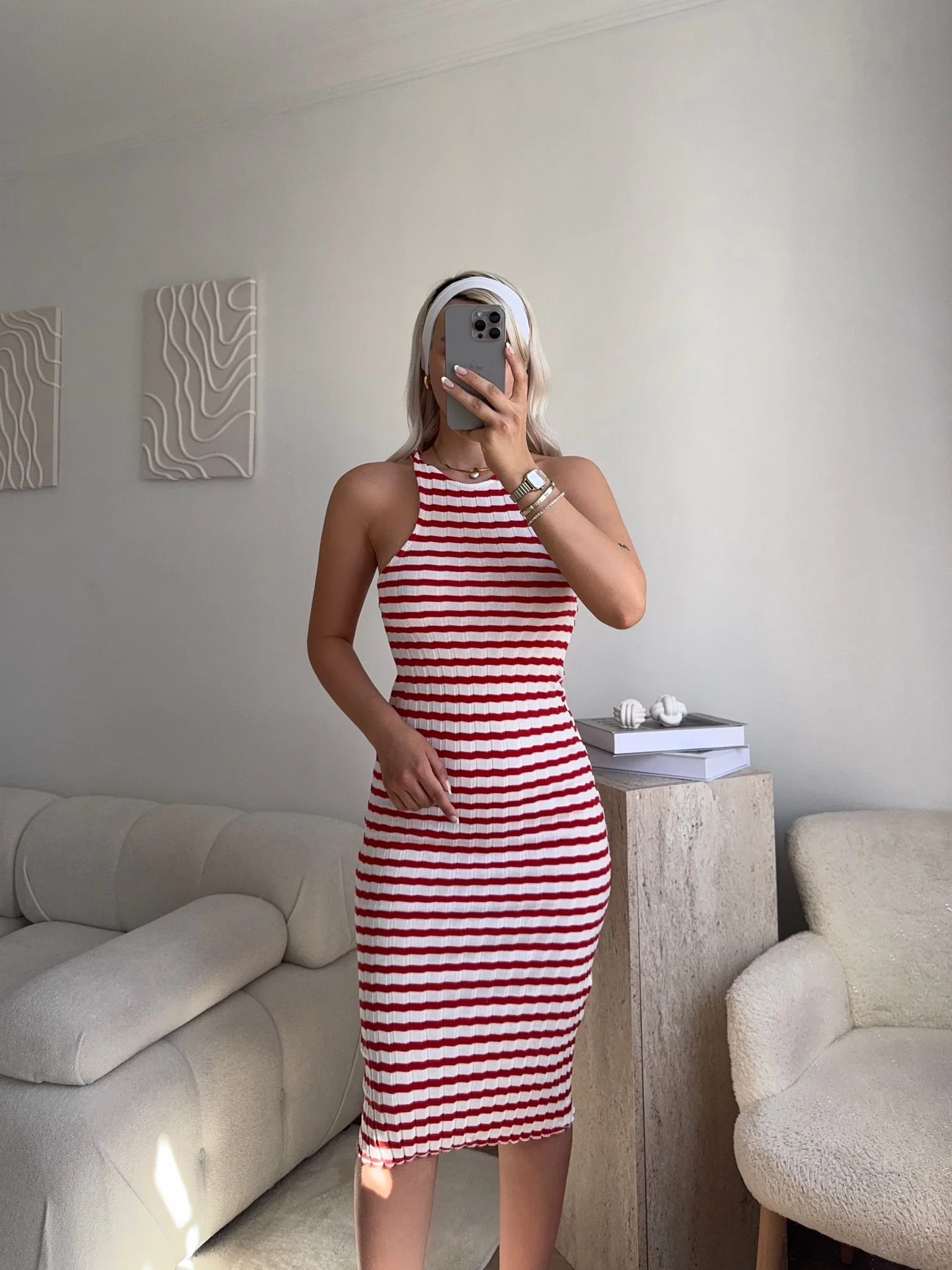 Çizgili Halter Yaka Sırt Dekolte Elbise