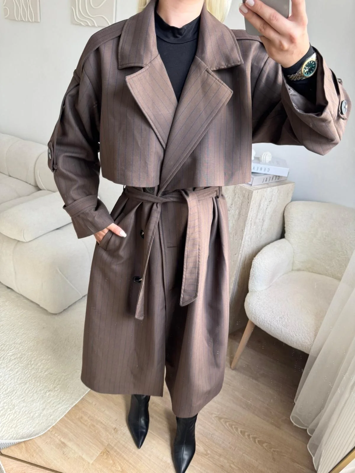 Çizgili Premium Oversize Trençkot - KAHVE