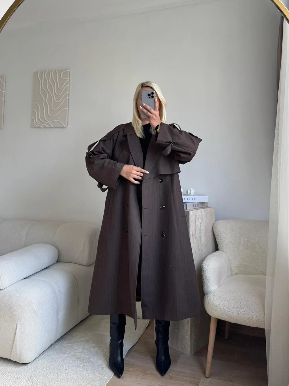 Çizgili Premium Oversize Trençkot - KAHVE