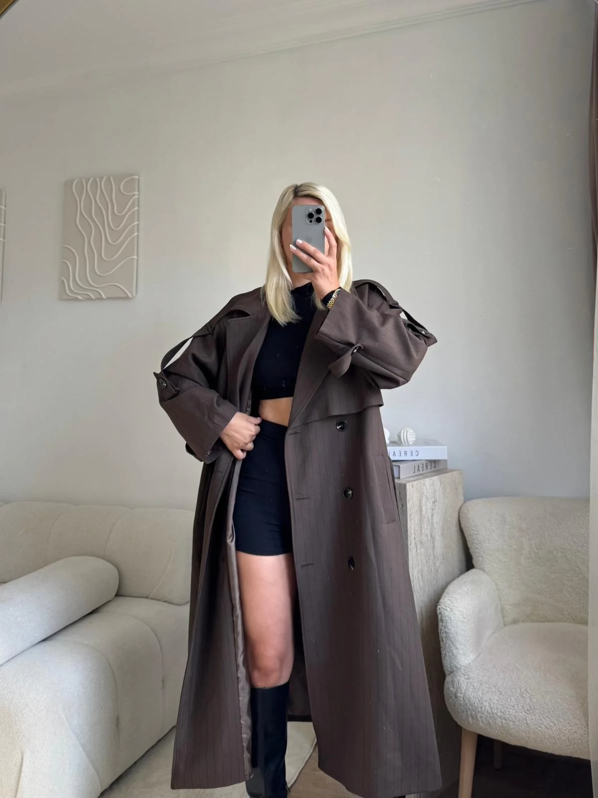 Çizgili Premium Oversize Trençkot - KAHVE